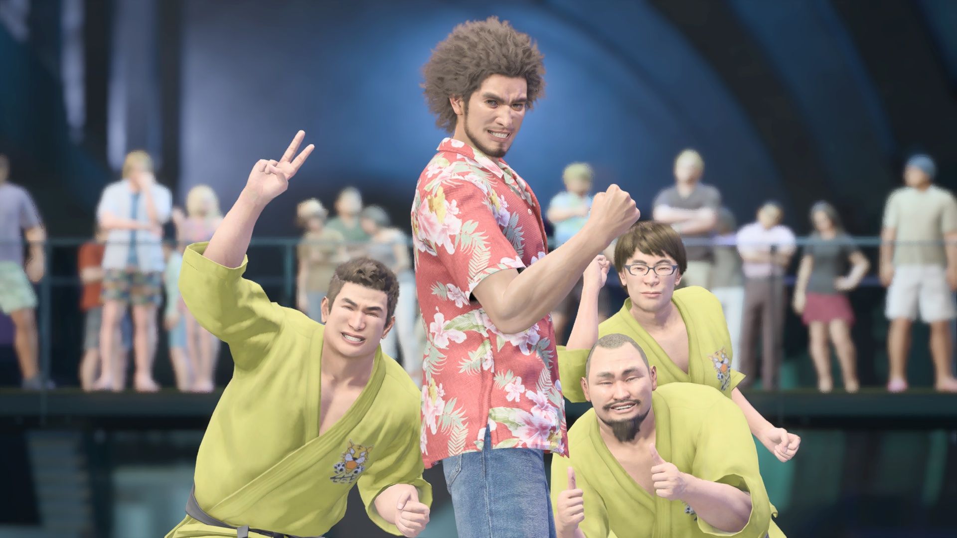Kasuga poses with his Sujimon Team in Like A Dragon: Infinite Wealth.