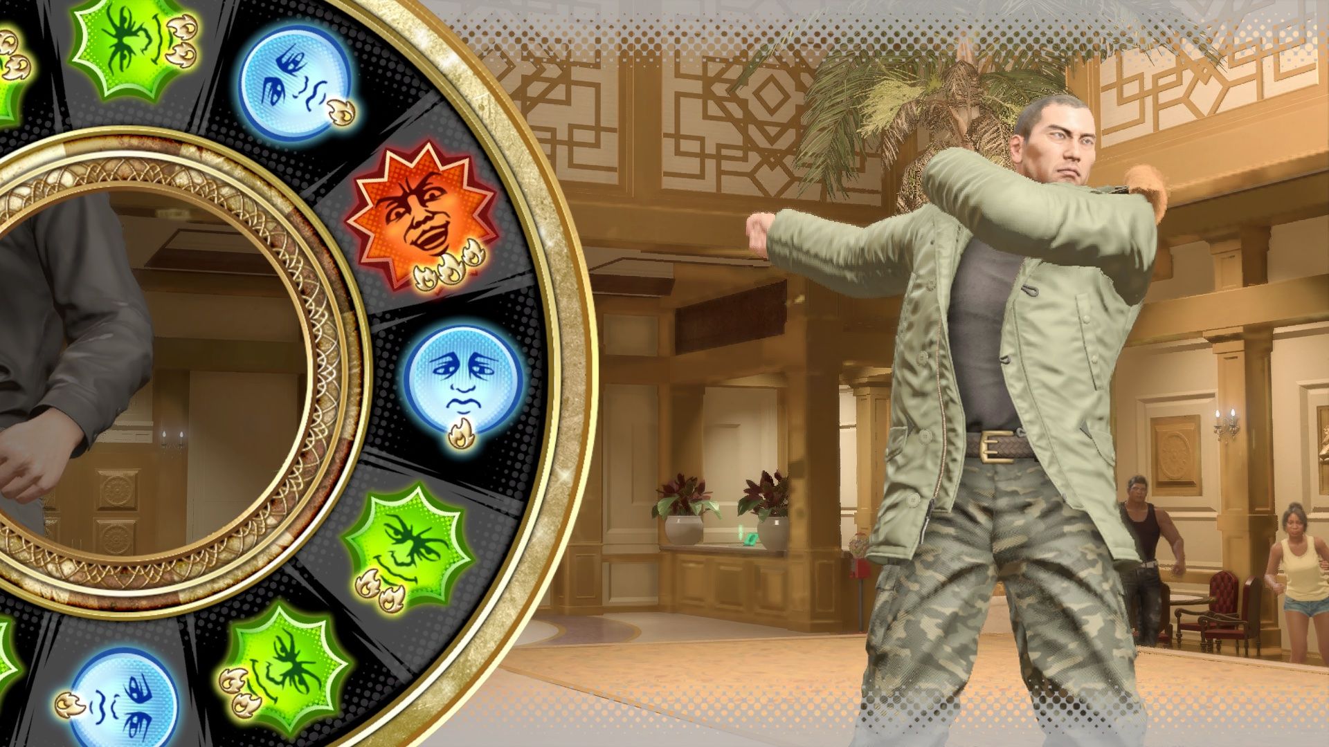 Taiga Saejim beside the Roulette wheel during a Sujimon Battle in Like A Dragon: Infinite Wealth.