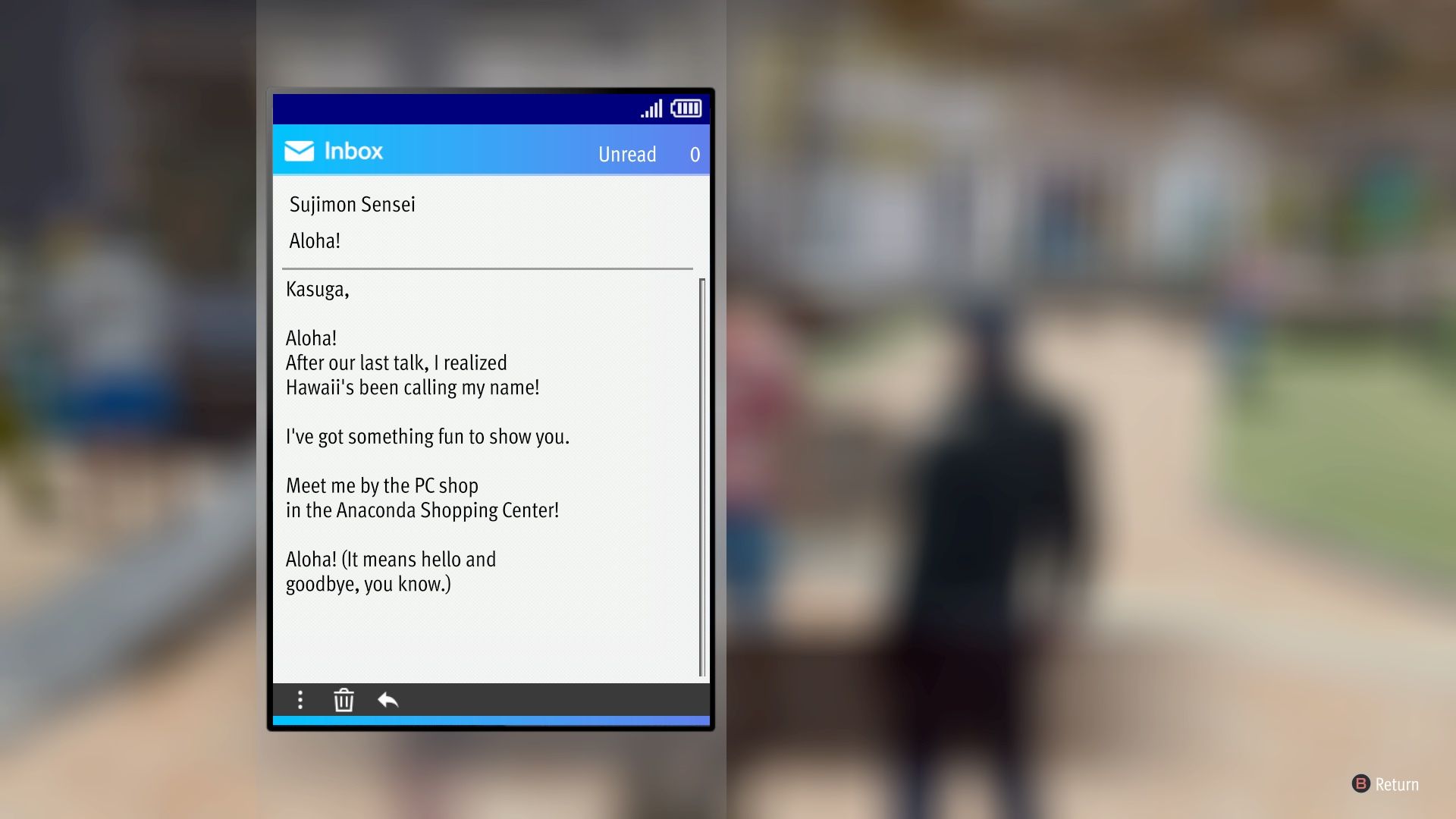 Kasuga reads a text from the Sujimon Sensei in Like A Dragon: Infinite Wealth.
