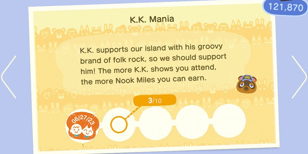 K.K. Mania flashcard that reads: K.K. supports our island with his groovy brand of folk rock, so we should support him! The more K.K. shows you attend, the more Nook Miles you can earn."