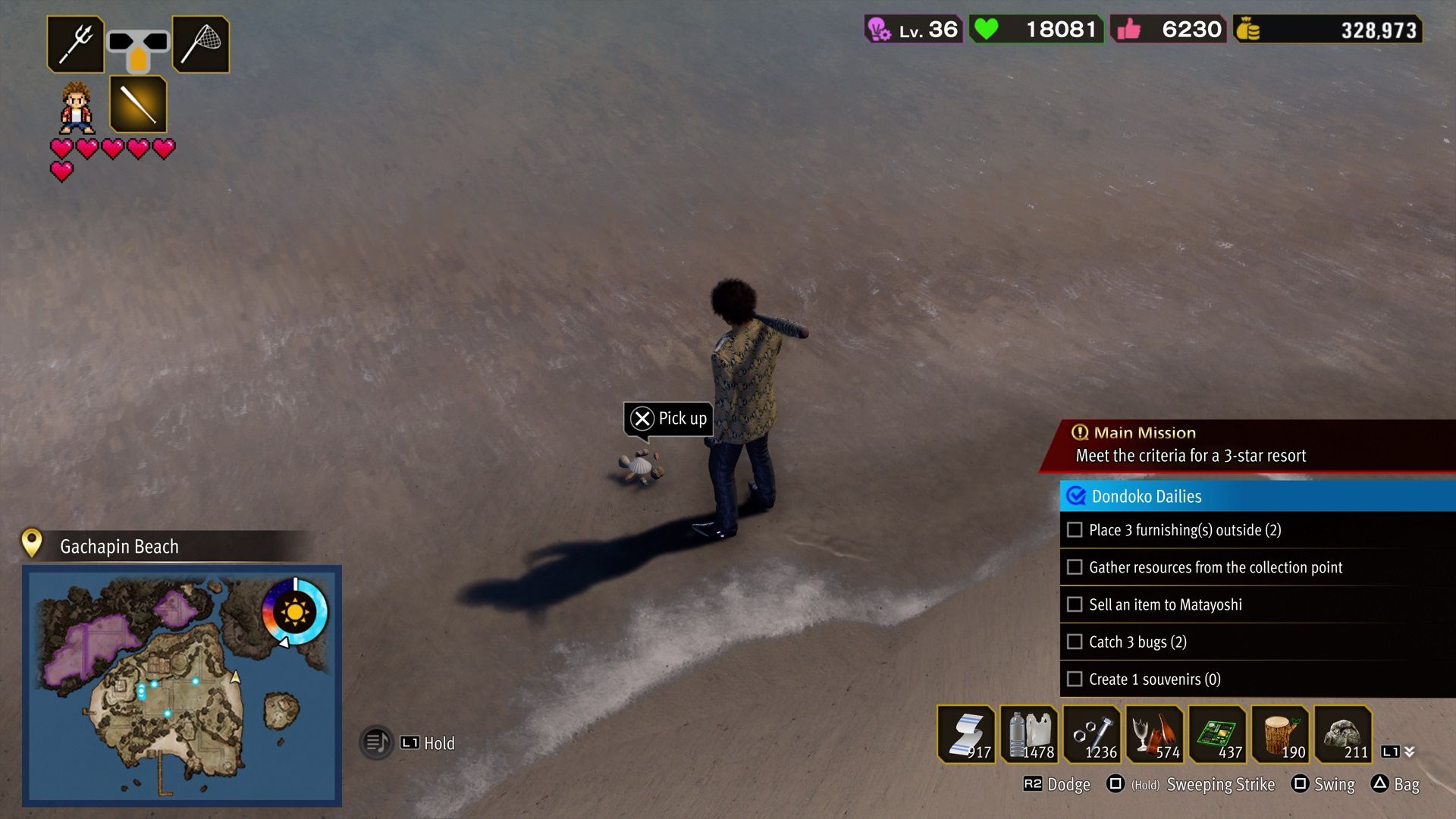 Kasuga besides a Sea Treasure item on Dondoko Island in Like a Dragon Infinite Wealth.