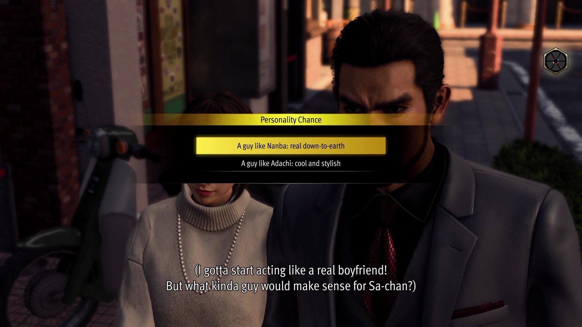 Kasuga choosing what kind of boyfriend to be on the date in Like a Dragon Infinite Wealth.