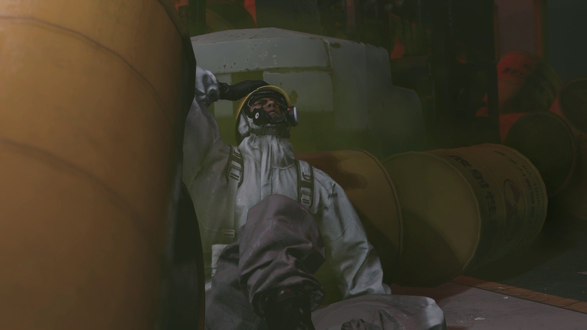 Kiryu in a hazmat suit that has been breached surrounded by toxic waste in Like a Dragon Infinite Wealth.