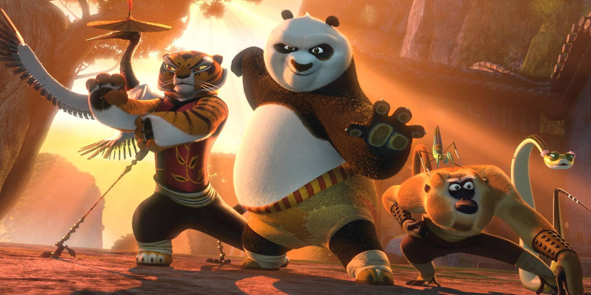 The Furious Five consisting of a crane, tiger, panda, monkey, grasshopper and snake posing from Kung Fu Panda 2
