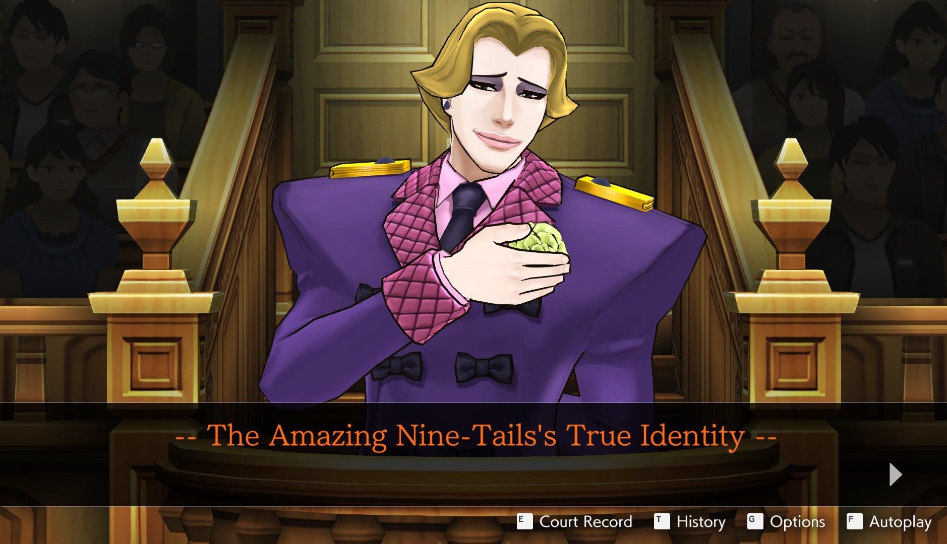 L'Belle testifying about the Amazing Nine-Tails's identiy in Dual Destinies