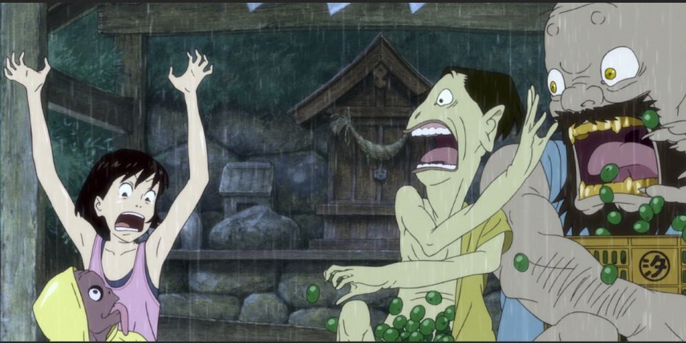 Momo and her three yokai compaions are shouting, startled, in a bus stop on a rainy day
