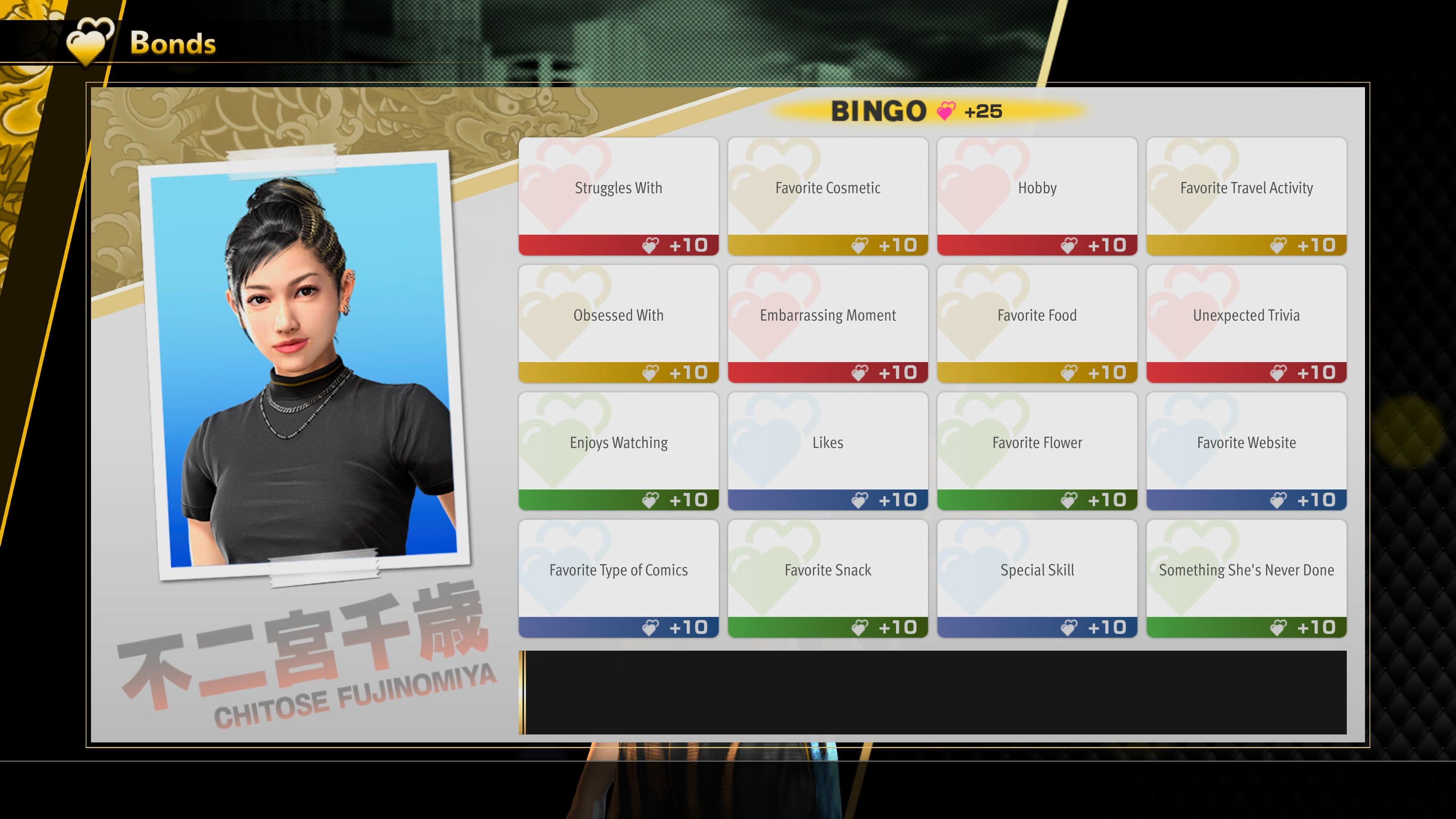 Like A Dragon Infinite Wealth, Chitose's Bond Bingo Card