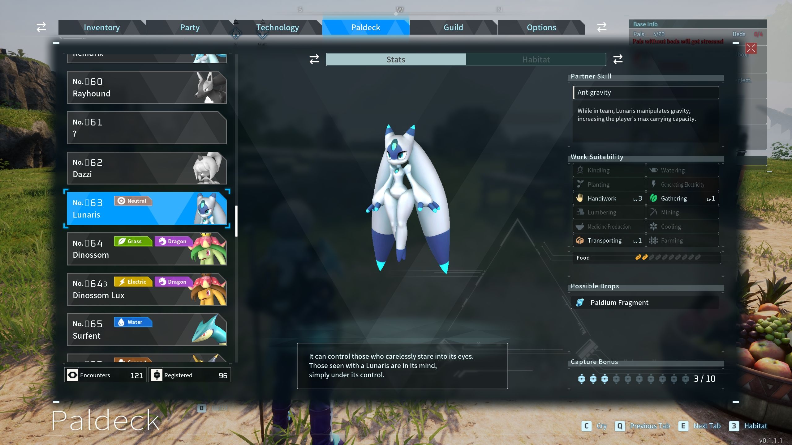 Lunaris menu in the paldeck Palworld