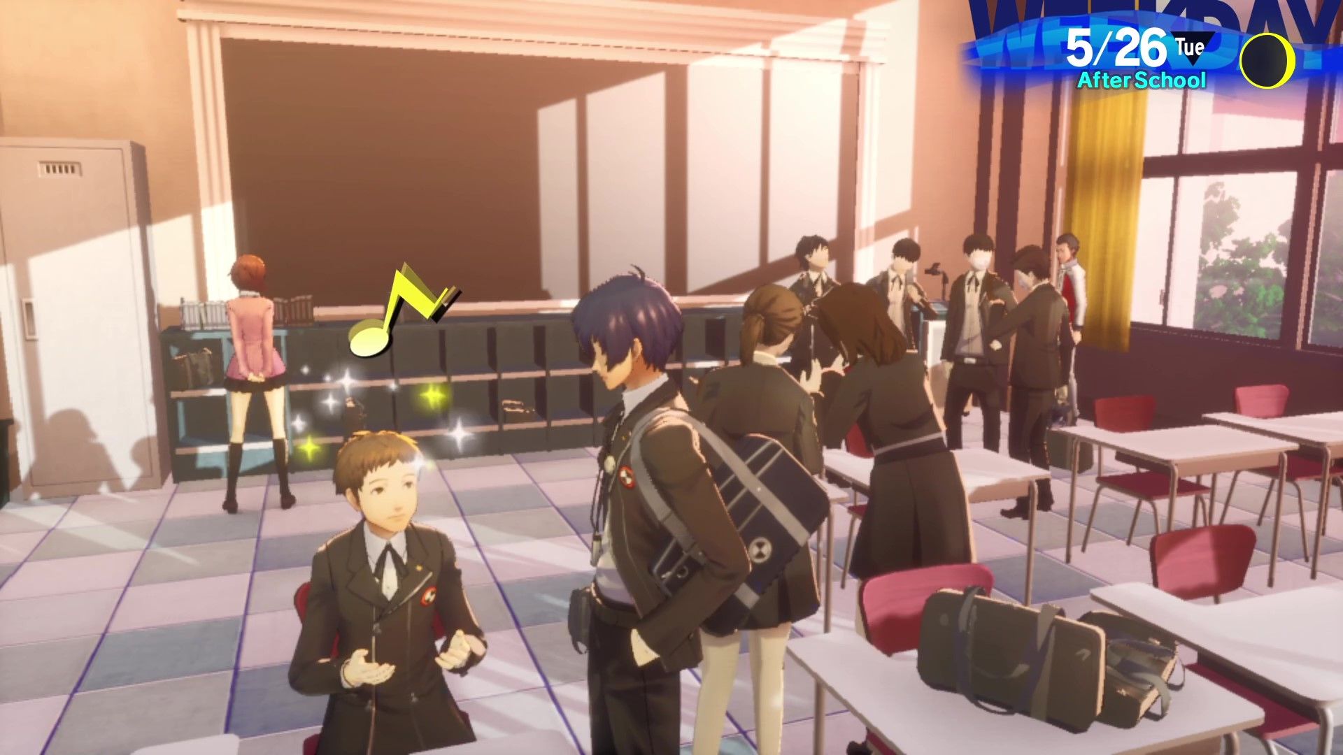 Persona 3 Reload Kenji Tomochika with a positive response while seated in the classroom