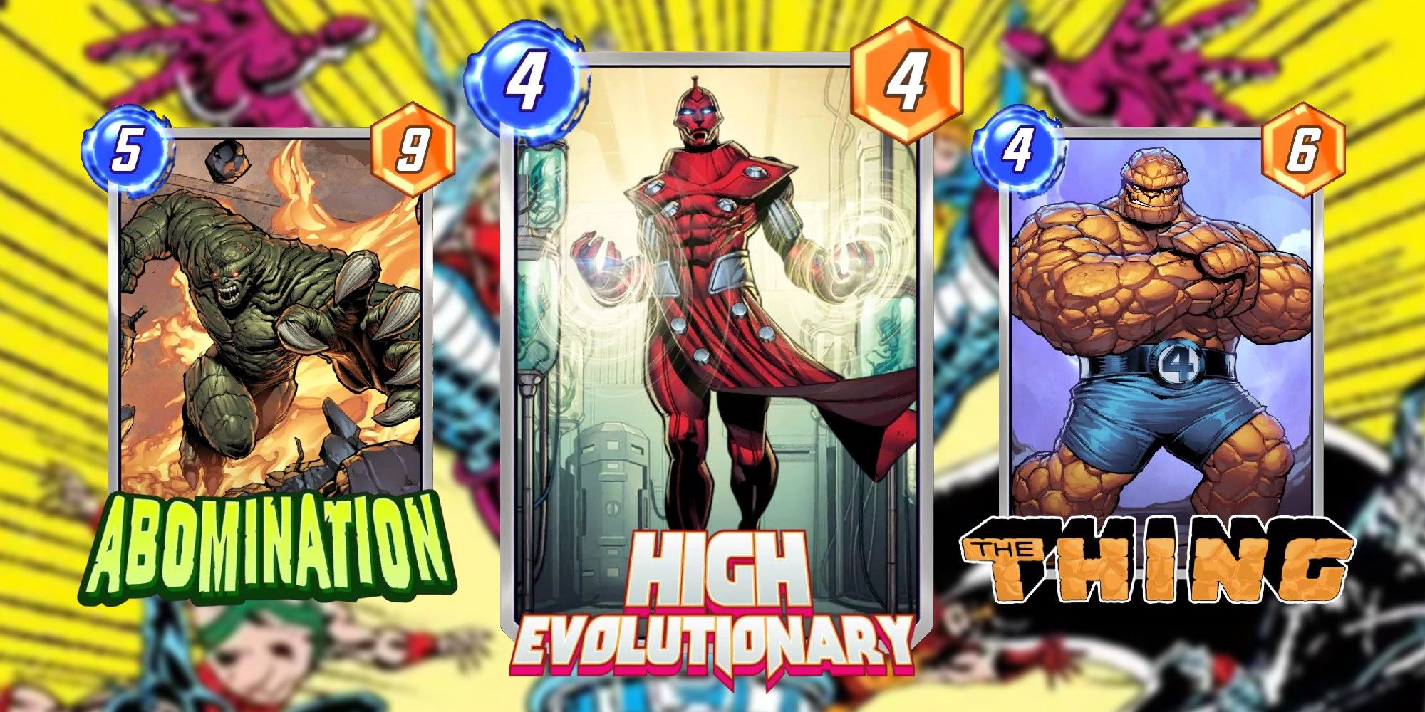 Marvel Snap Cards abomination, high evolutionary and the thing