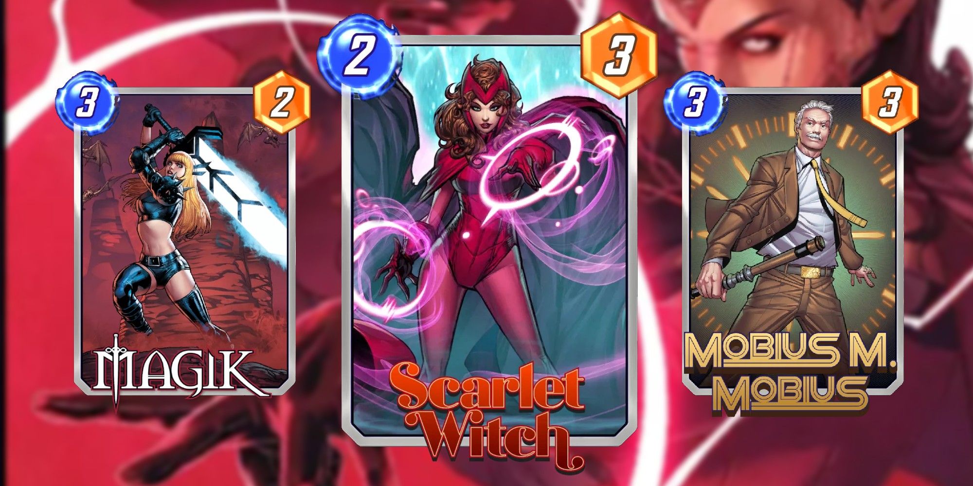 Marvel Snap Cards magik, scarlet witch and mobius m. mobius
