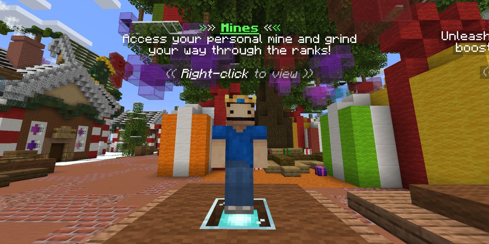 An open space with festive, brightly colored presents and buildings, with a gamemode switching NPC in the middle.