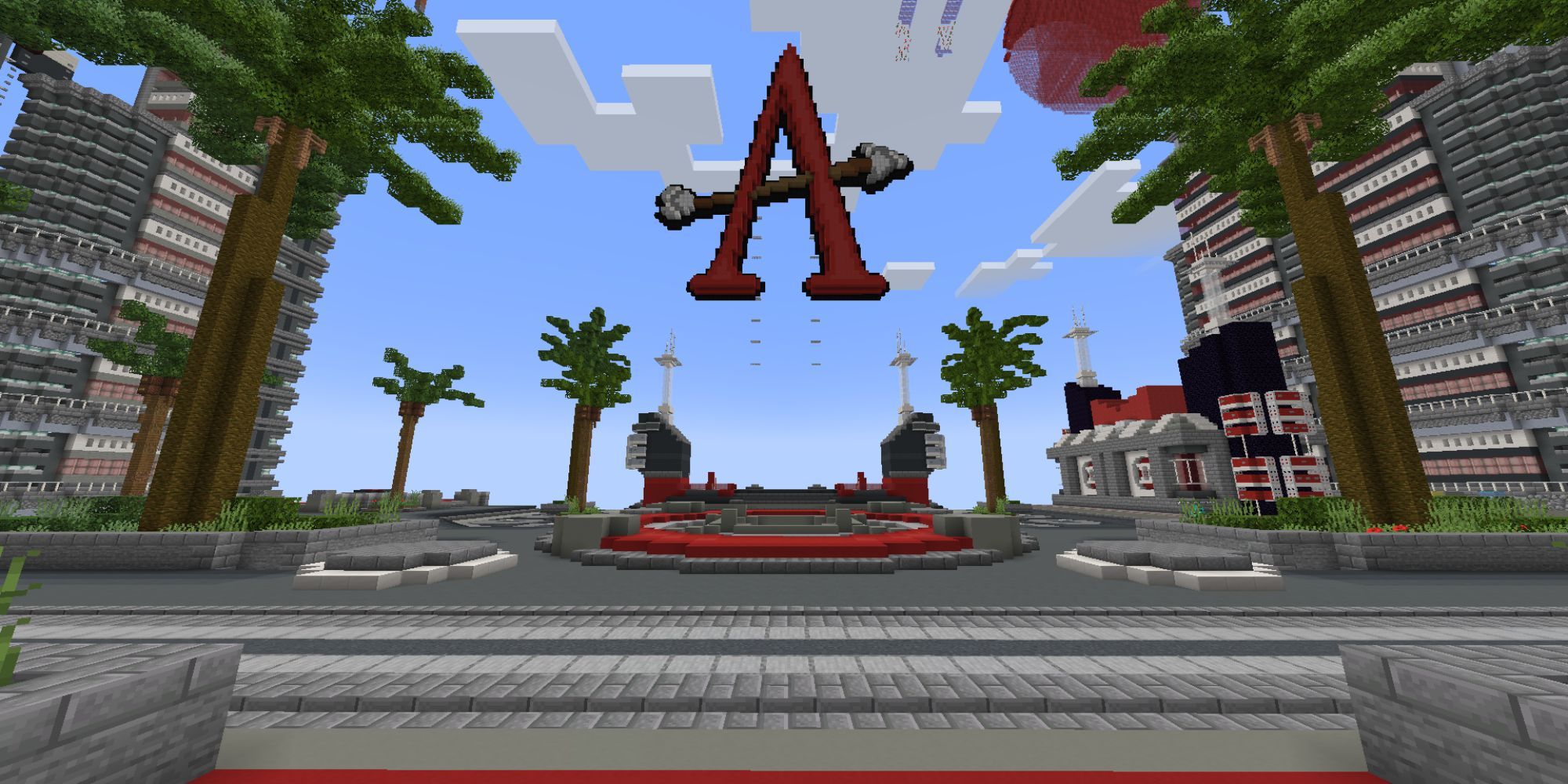 The main player hub for the ArcherMC Server, showing a floating, red letter A with an arrow through it in the sky.