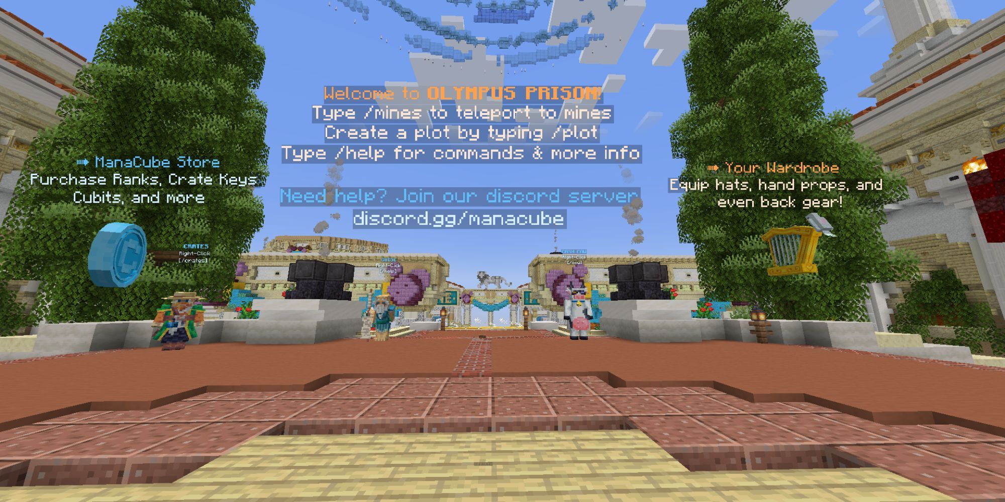 A main hub with wood and stone flooring, tall, green trees, and informative, floating text.