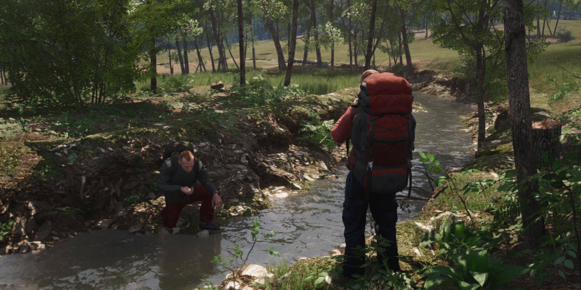 Two prisoner characters with hiking backpacks resting at a small river inside a forest.
