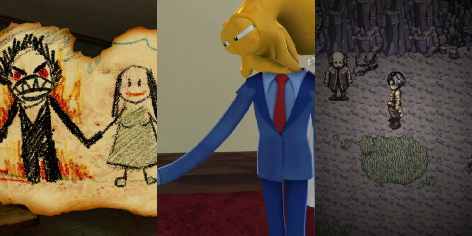 Split feature image showing VTMB, Octodad, and Fear and Hunger