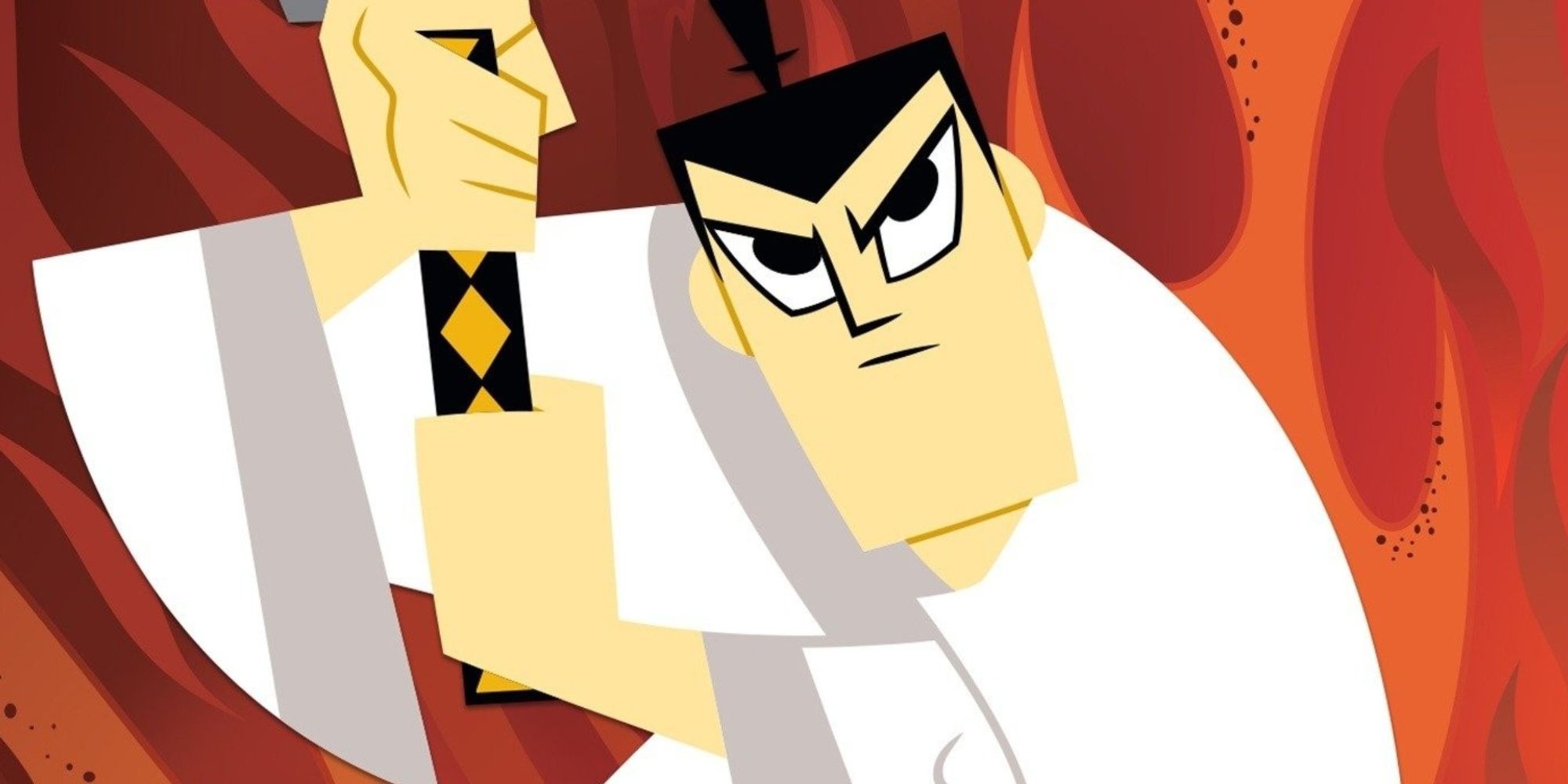 Samurai Jack brandishing his katana against a backdrop of flames.