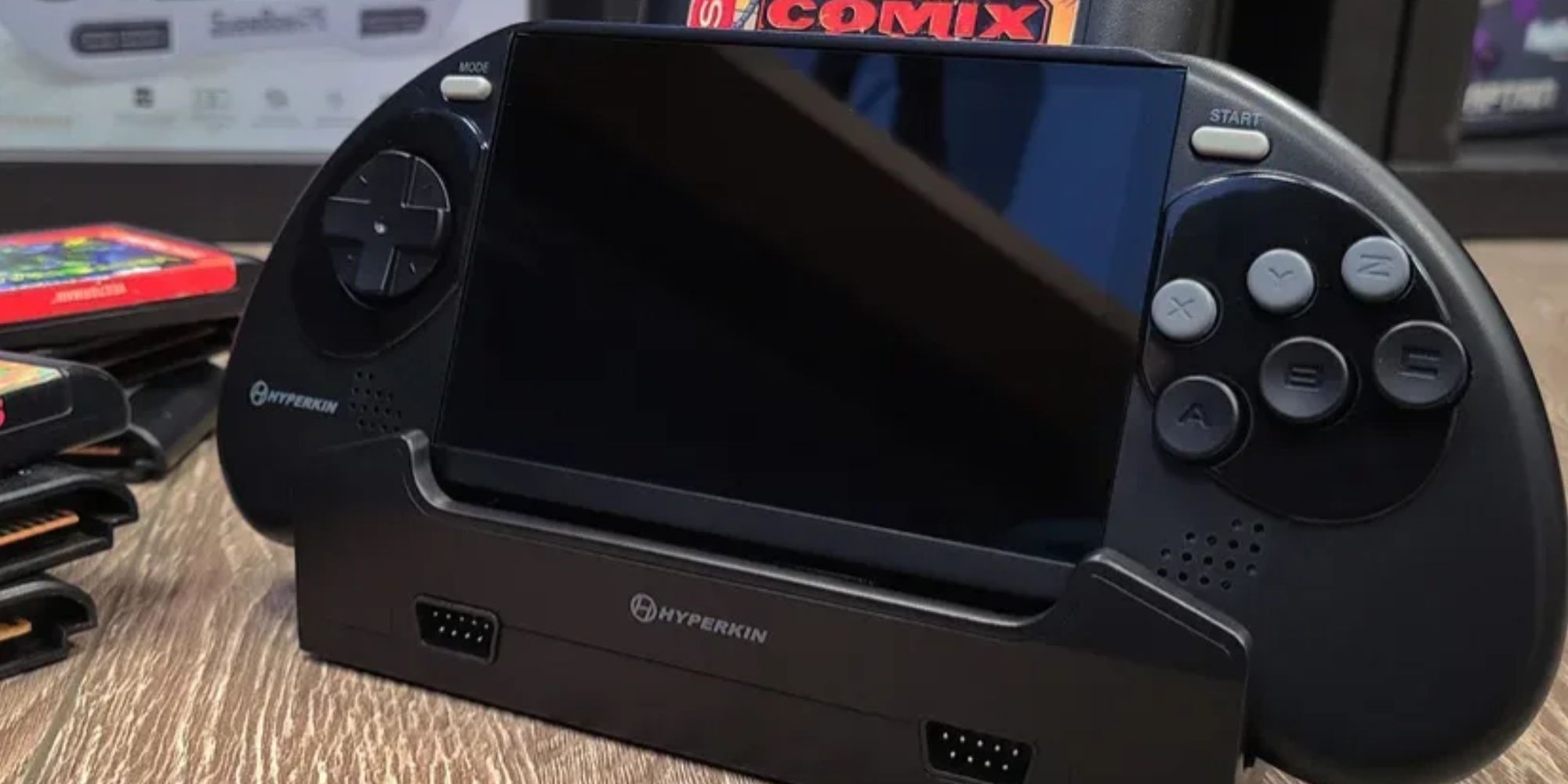 hyperkin's mega 95 handheld sega genesis docked