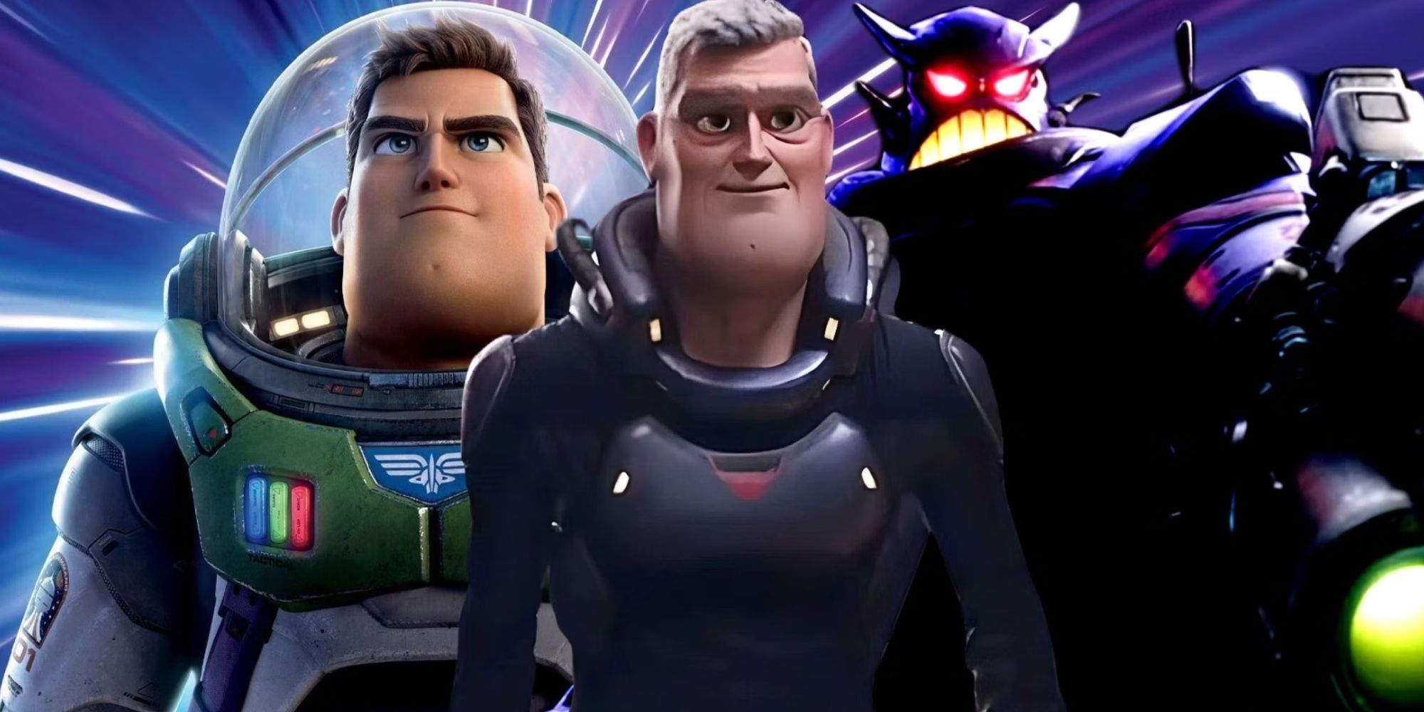Buzz Lightyear, Future Buzz and Zurg standing side by side from Pixar's Lightyear