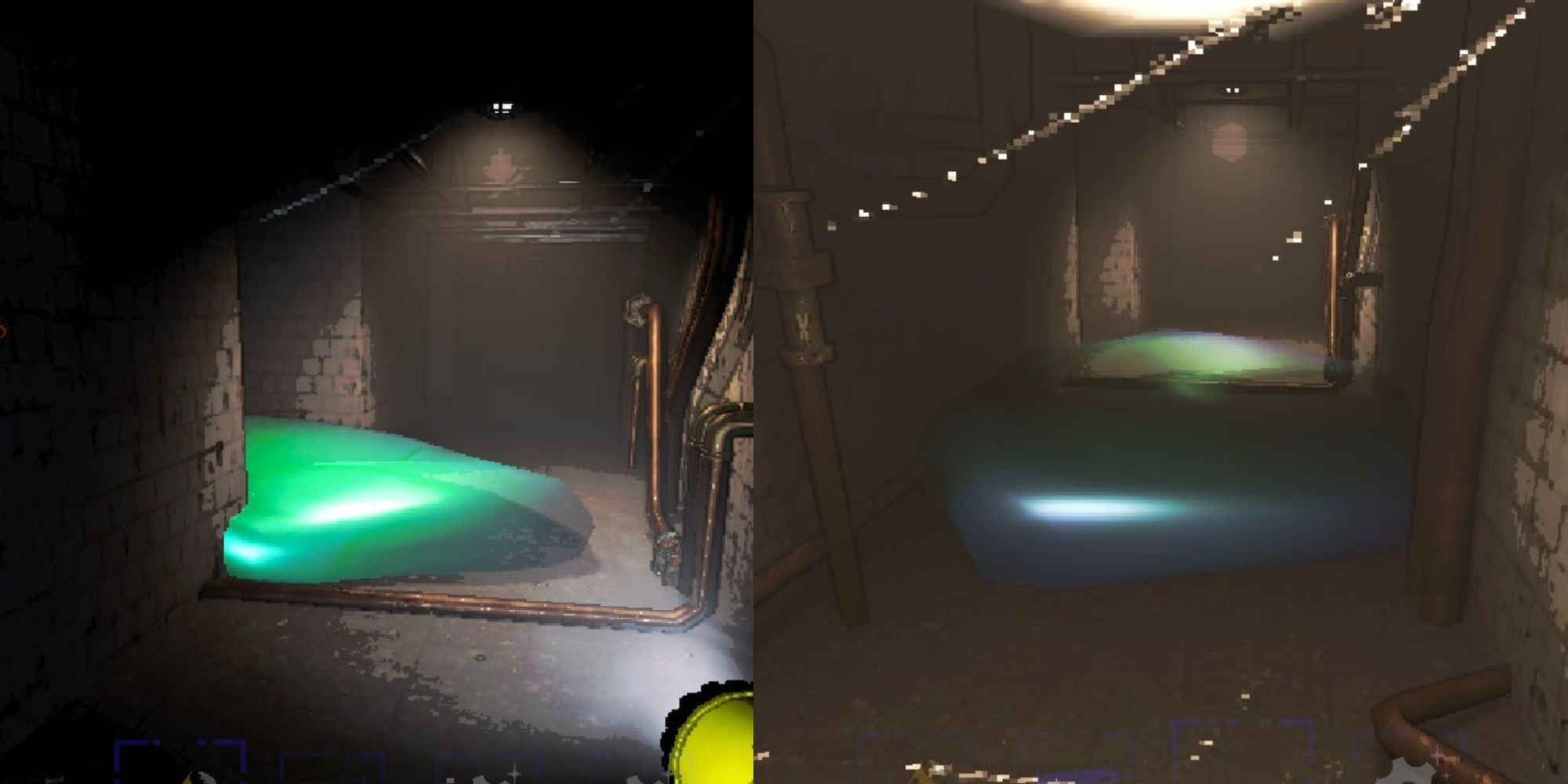 Split image featuring a player character shining a pro-flashlight on a Hygrodere coming around a corner and a Hygrodere coming down a tunnel corridor in Lethal Company.