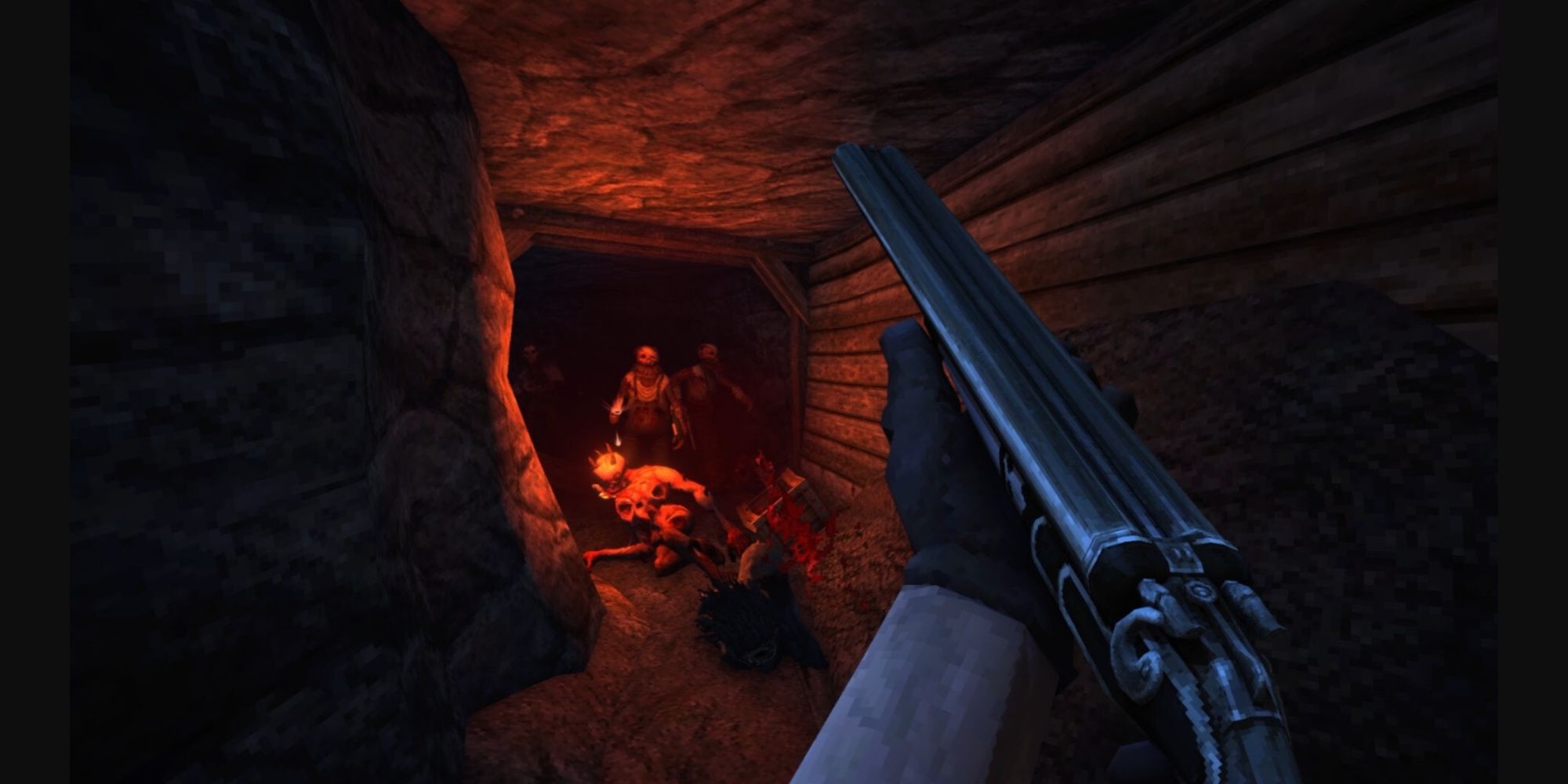 The main character firing a round at some monsters following in a dim tunnel.