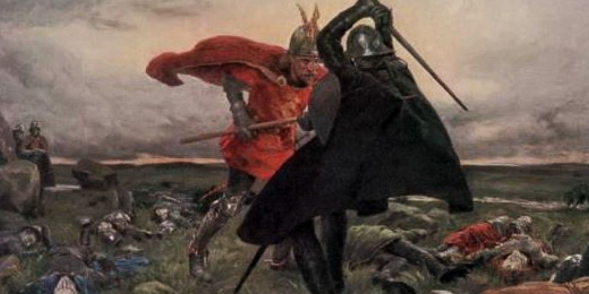 King Arthur and Mordred clash on a medieval battlefield.