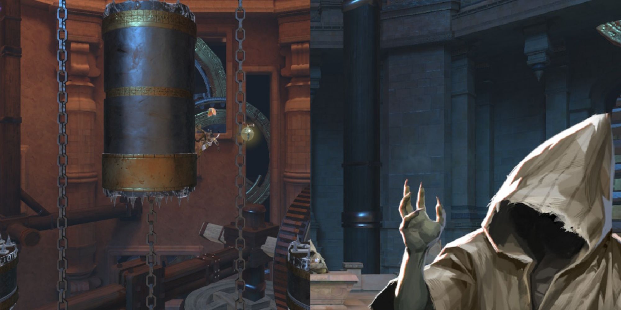 Split image featuring Sargon hanging on the side of a large pillar with spikes on it and up-close art of a robed Hermit in  Prince Of Persia: The Lost Crown.