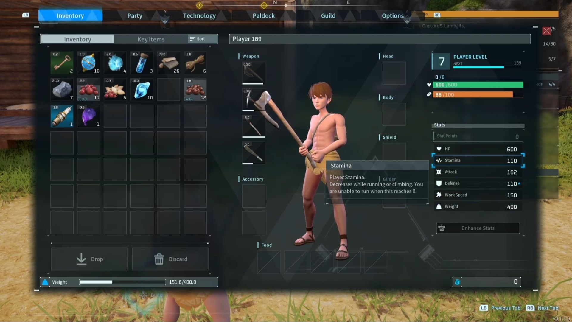The main inventory menu, showing what Stamina does in Palworld.