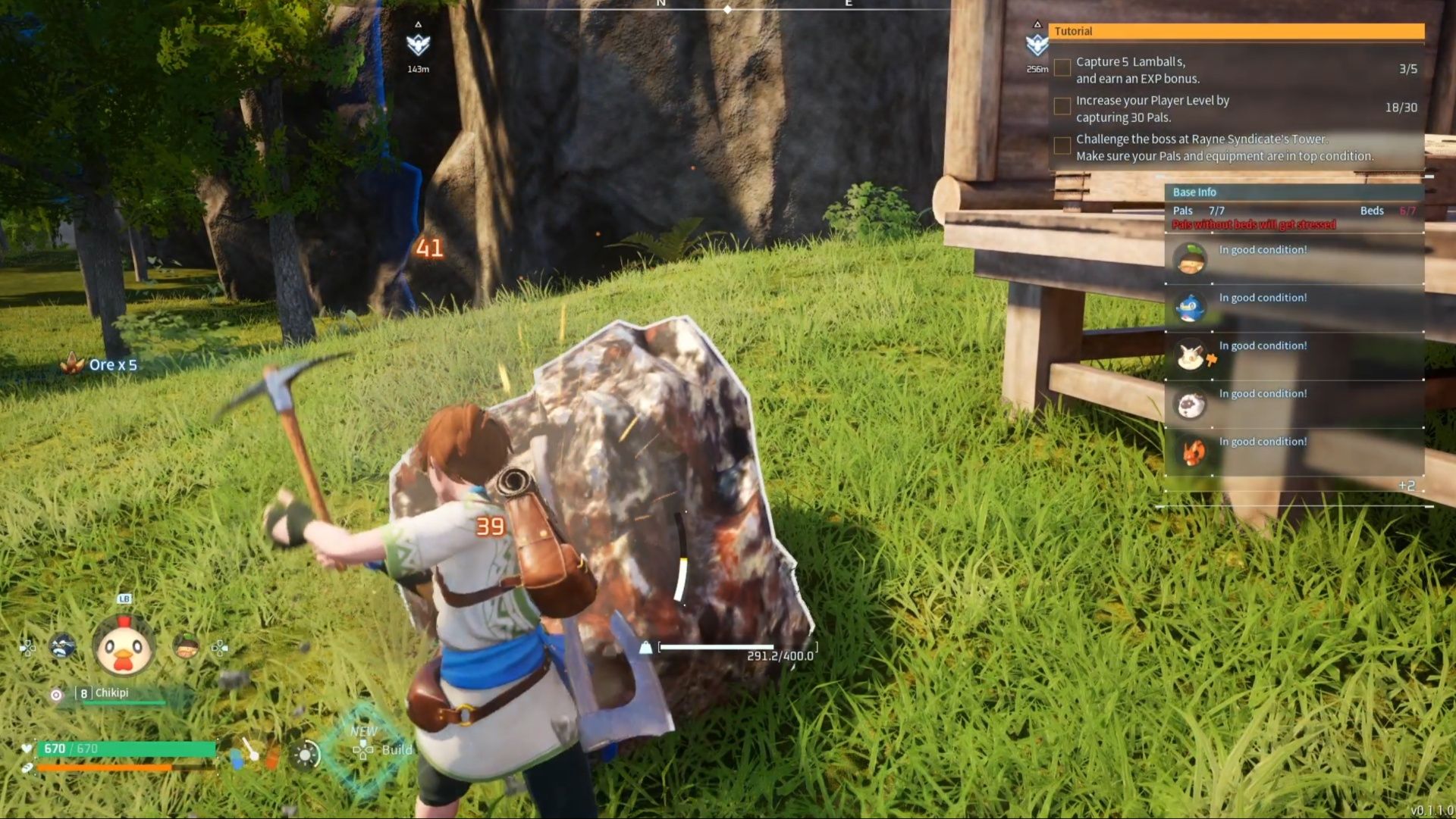 Using a pickaxe to mine ore and stone in Palworld.