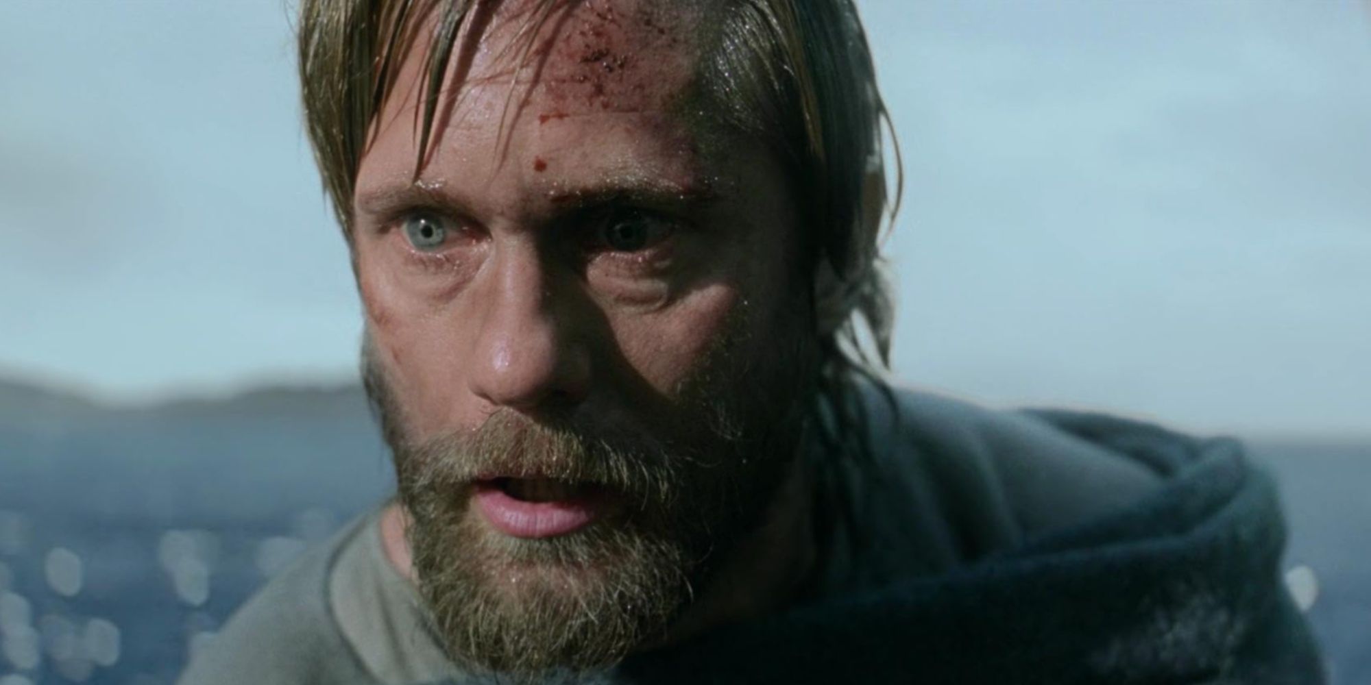 Close-up of Alexander Skarsgard's Amleth with blood on his face and a harrowing shocked look.