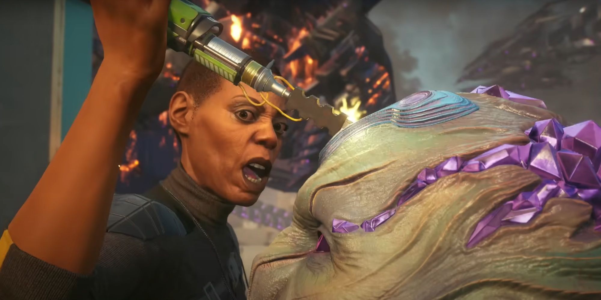 Waller furiously jamming the nanobomb needle inside Brainiac's brain device.