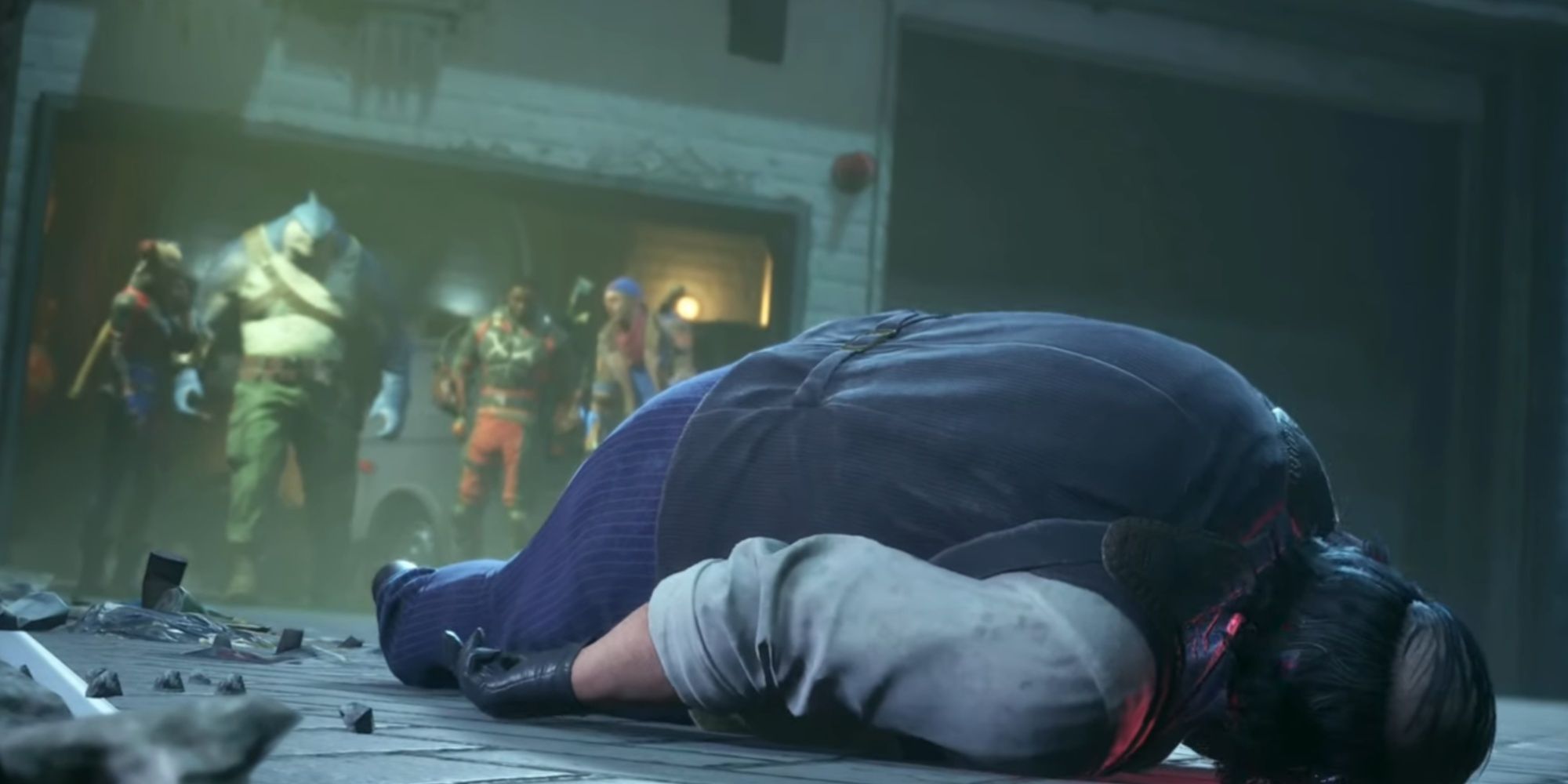 Harley, King Shark, Deadshot, and Captain Boomerang watching from a distance as Penguin is lying on the ground and continuously getting shocked.