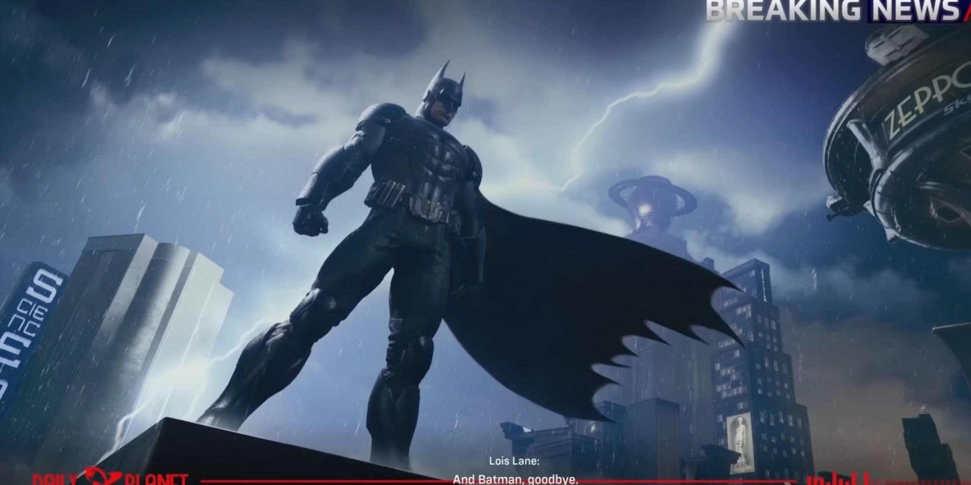 Batman on a rooftop in a breaking news with lightning and cape angled as a tribute to Kevin Conroy and Batman: The Animated Series.