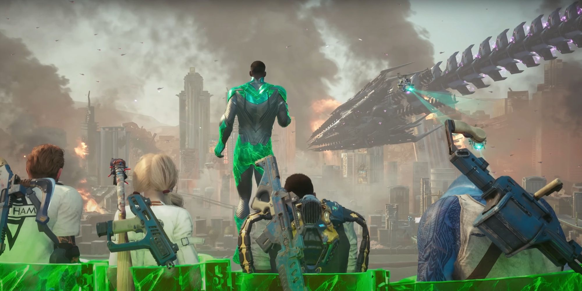 Boomerang, Harley, Deadshot, and King Shark in traps conjured by the Power Ring and flying around in the air with Green Lantern leading.