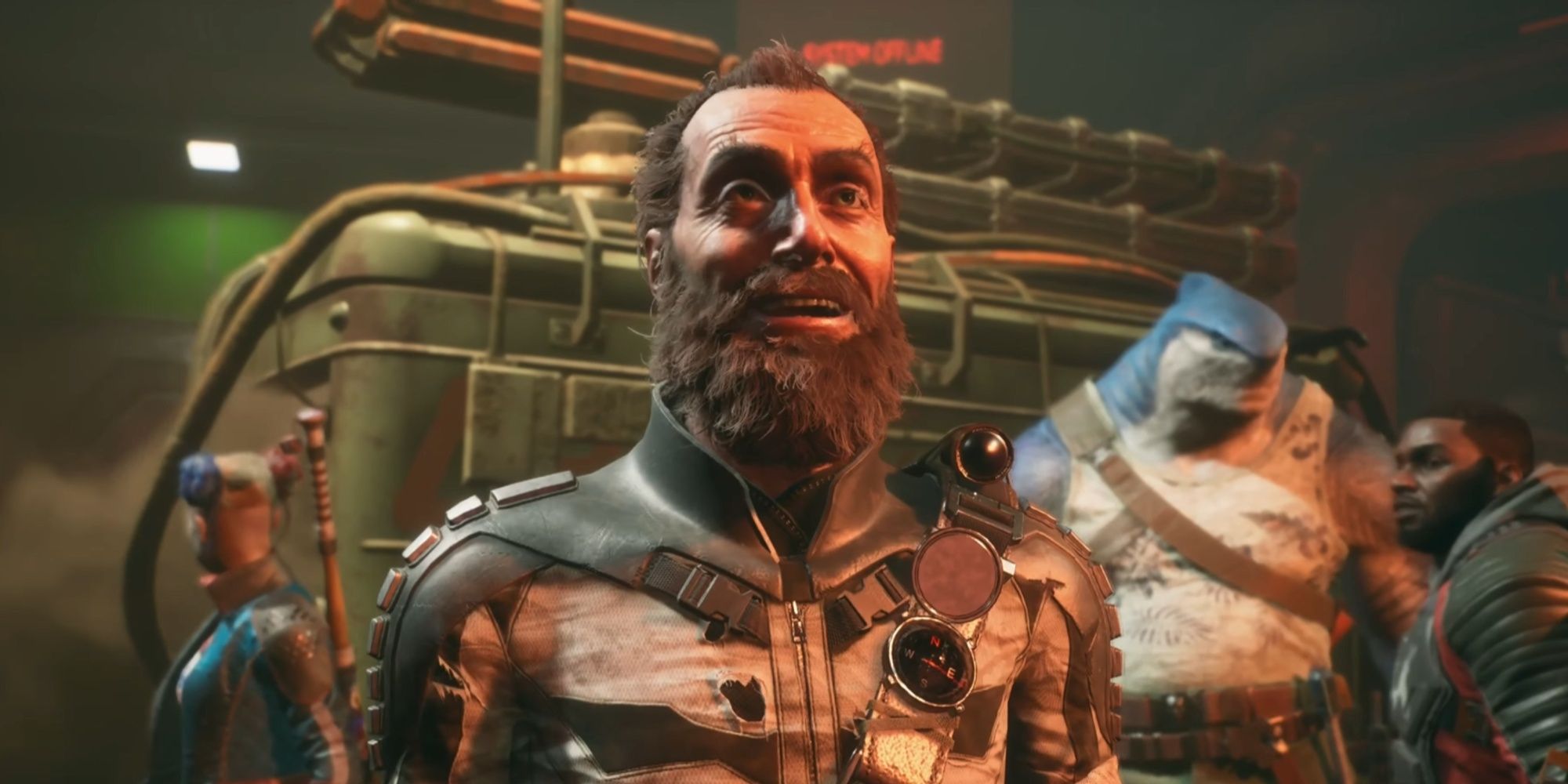 Close-up of a bearded Lex at Earth-2's Hall of Justice with the rest of the squad members behind him near a van.