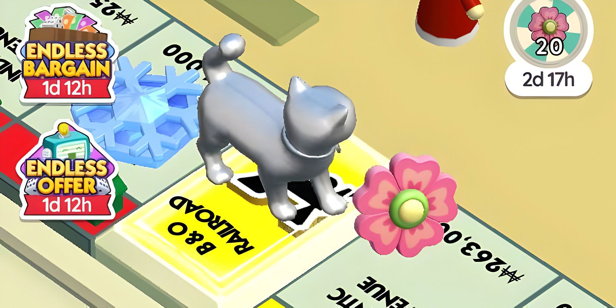 A cat token standing a tile before another tile with a Flower Token in Monopoly GO!