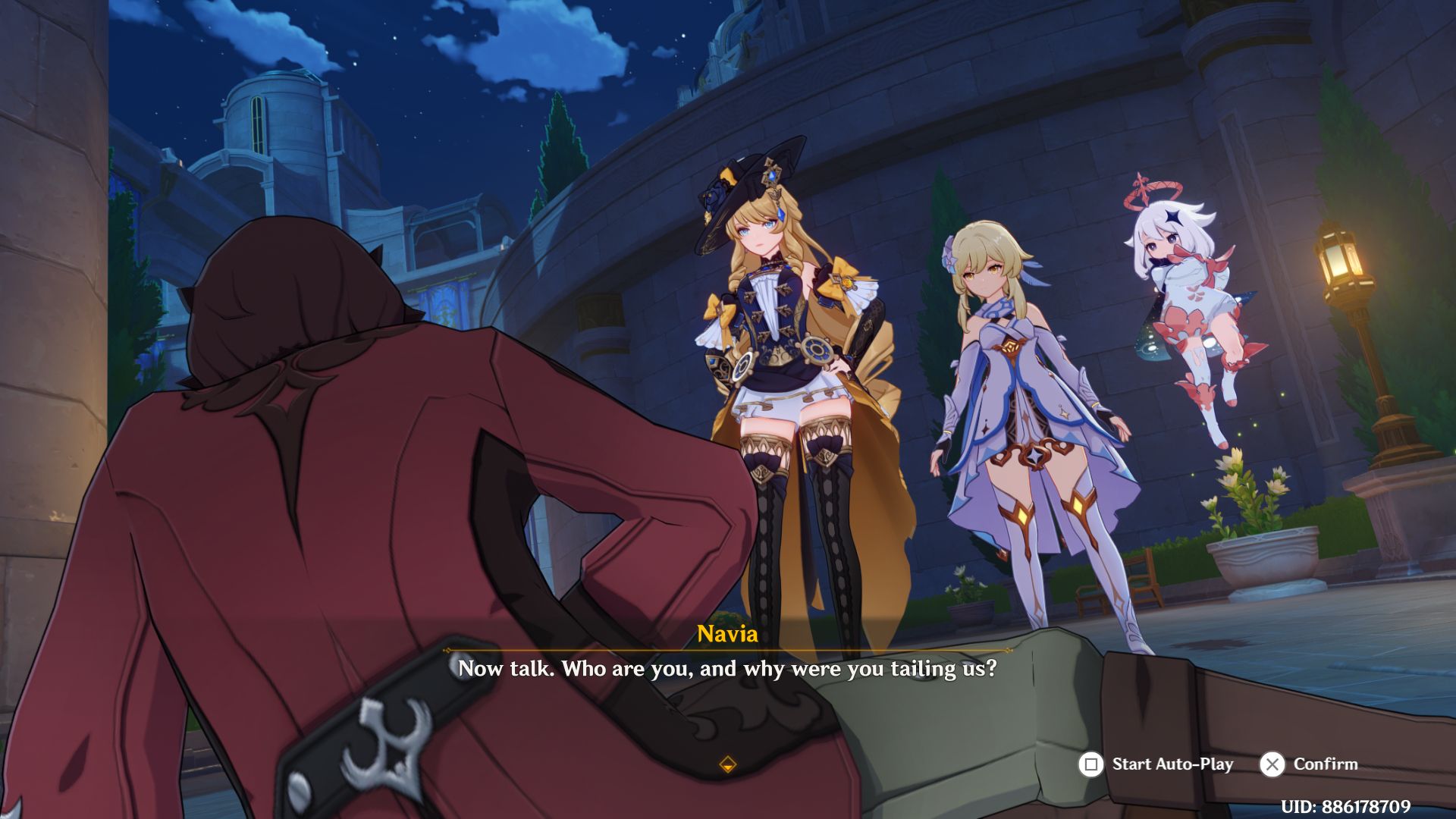 Navia, Paimon, and the Traveller confronting the pursuers in Fontaine in Genshin Impact