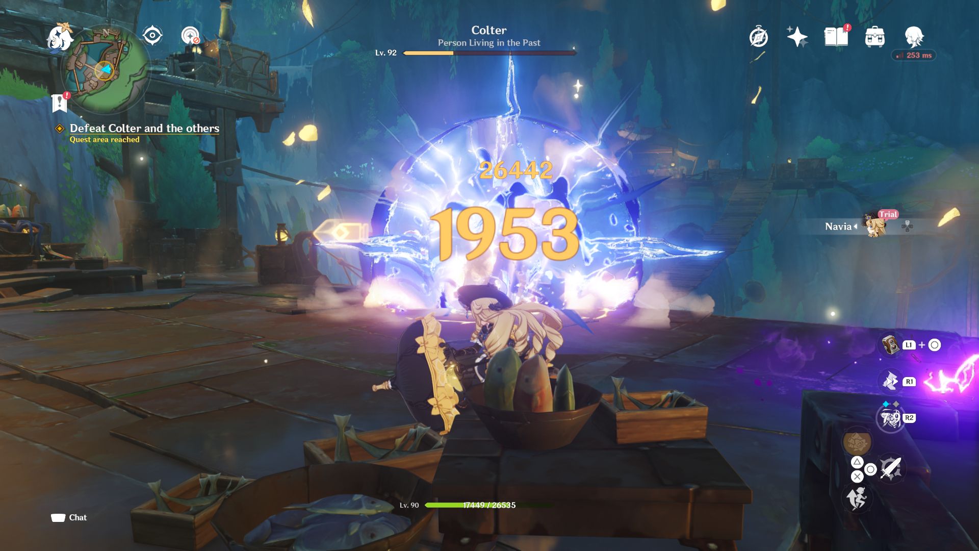 Navia firing her Elemental Skill at Colter in Genshin Impact