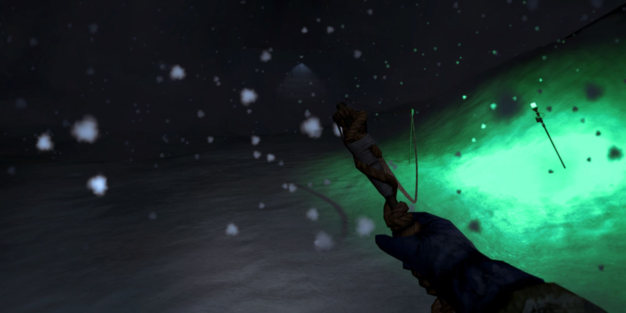 A first-person POV of exploring a cold climate at night, with heavy snowfall and guiding, glowing posts seen all around.