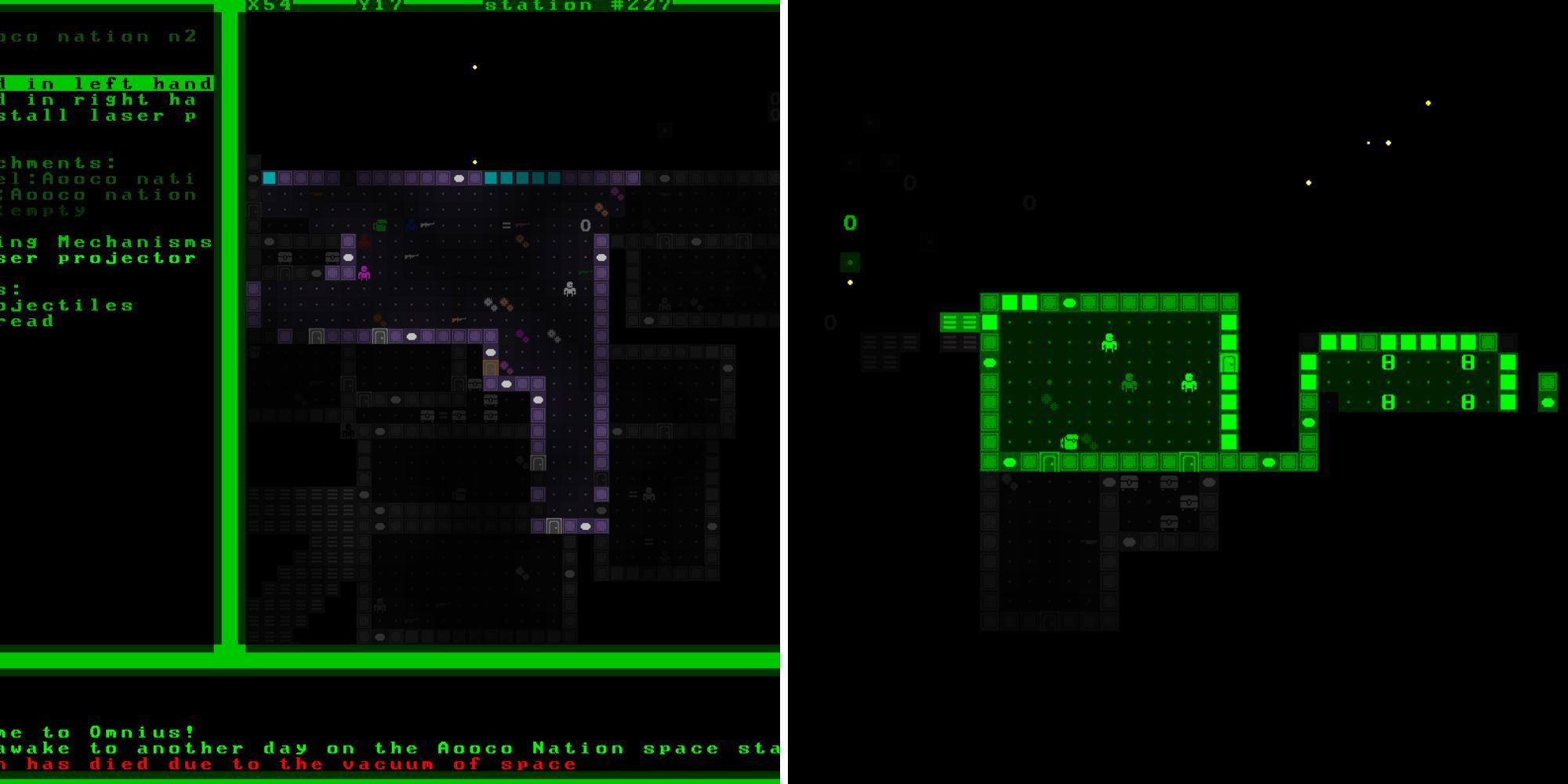 A split image of Omnius gameplay, showing extended ASCII assets in largely bright green and dull purple colors.