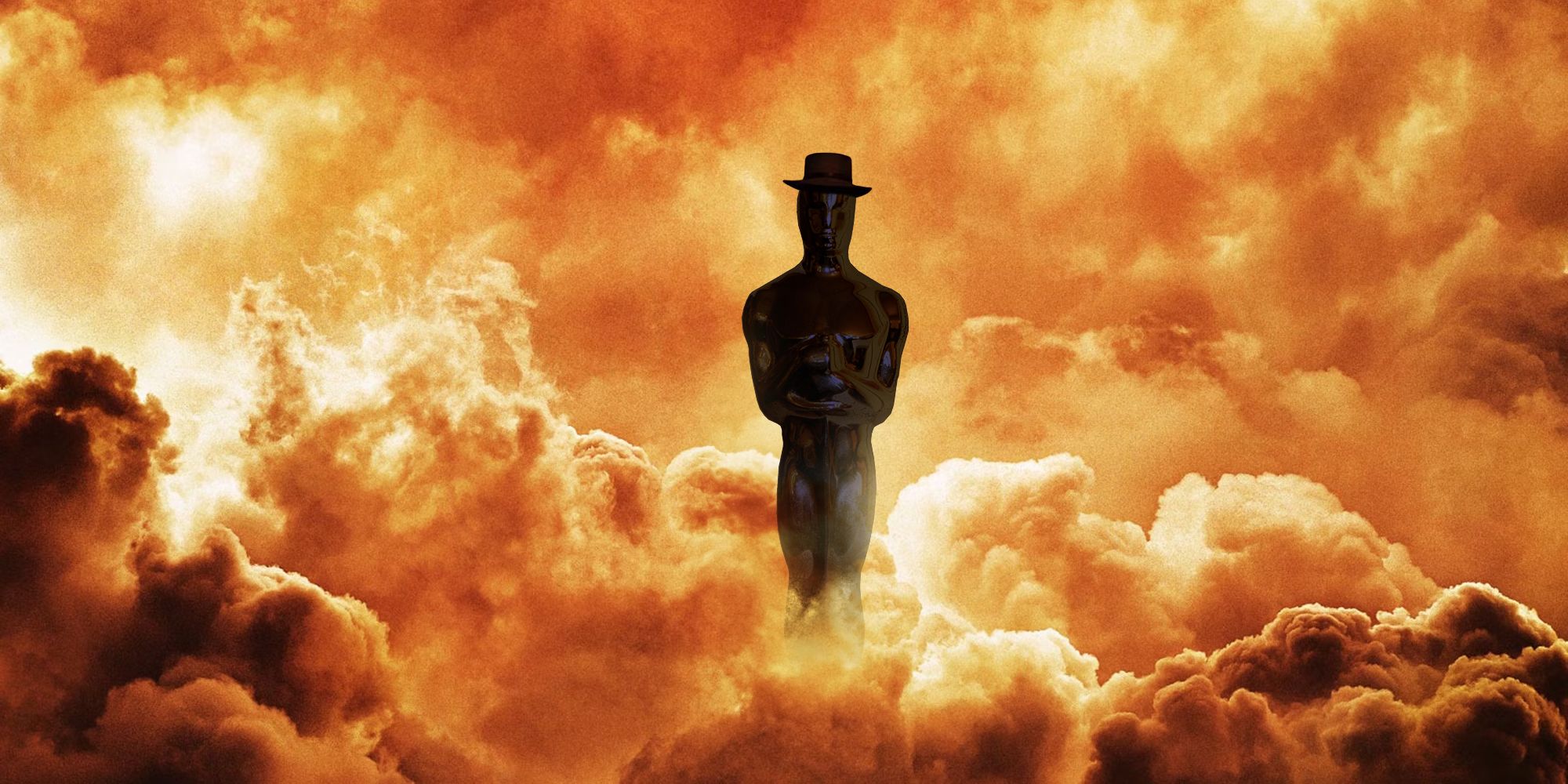 Oppenheimer's orange clouds, but instead of Cillian Murphy in the center, there's the silhouette of an Oscar statue, wearing a fedora.