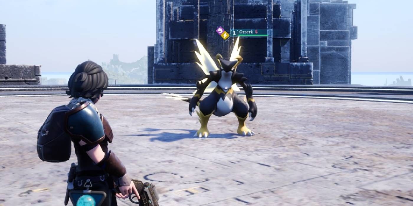 Palworld: Orserk, a black, white and yellow dragon looking fierce as the player looks at it with a gun ready