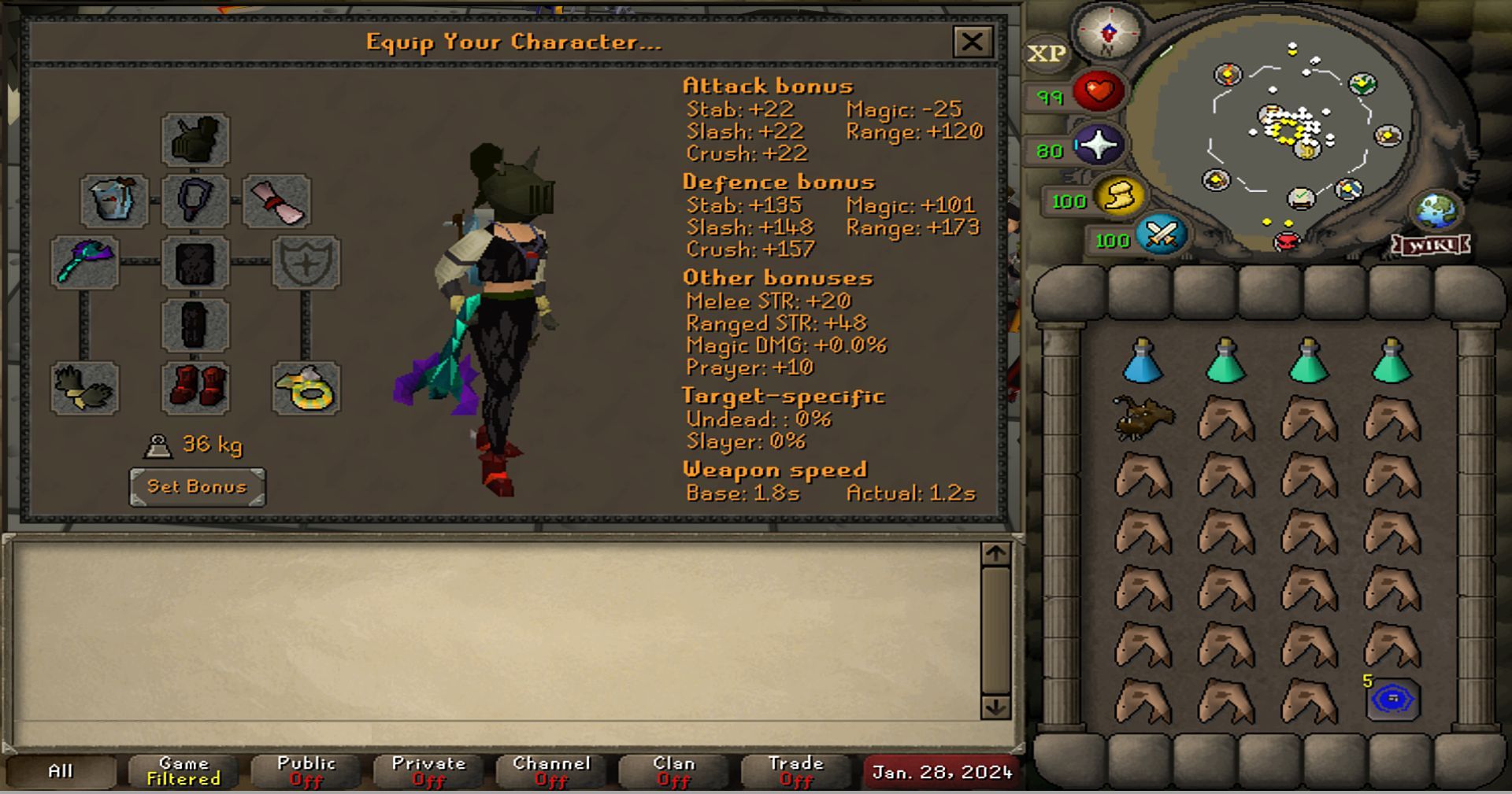 Example high tiered ranged equipment and inventory for fighting Scurrius