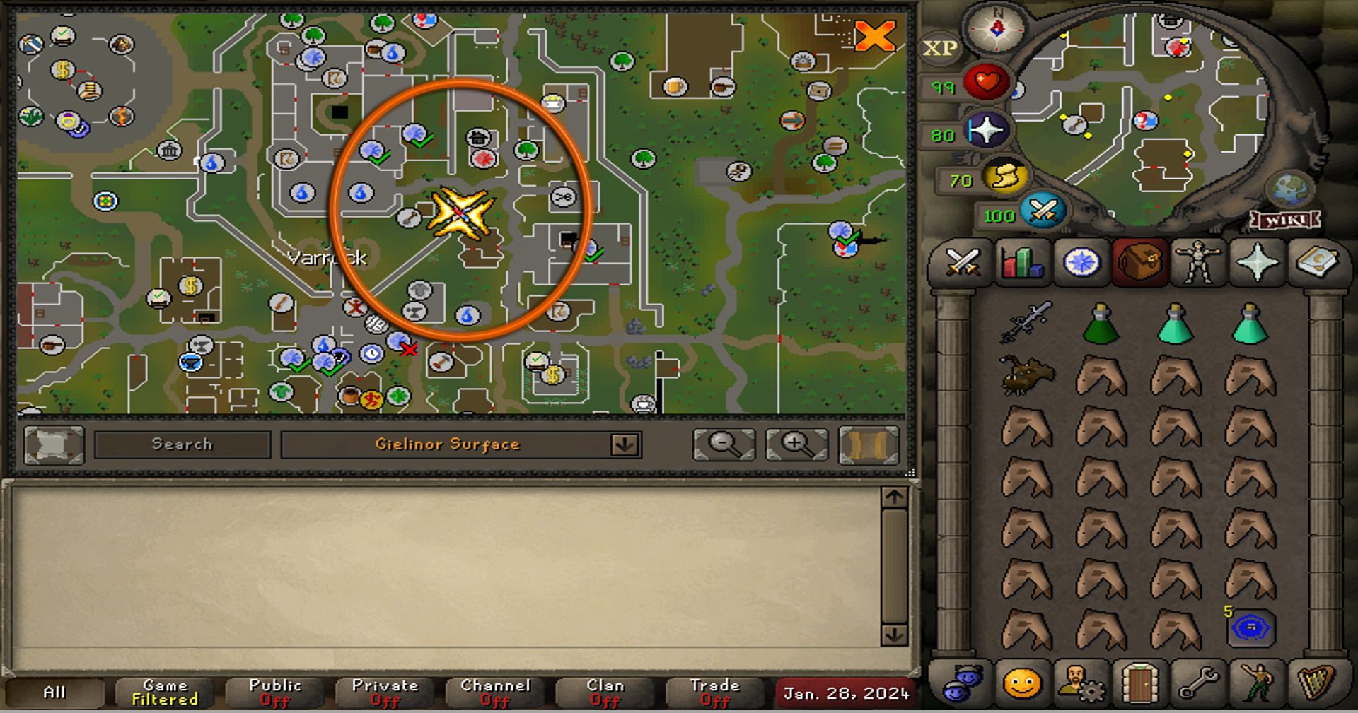 View of Varrock on the map with the manhole to Scurrius circled.