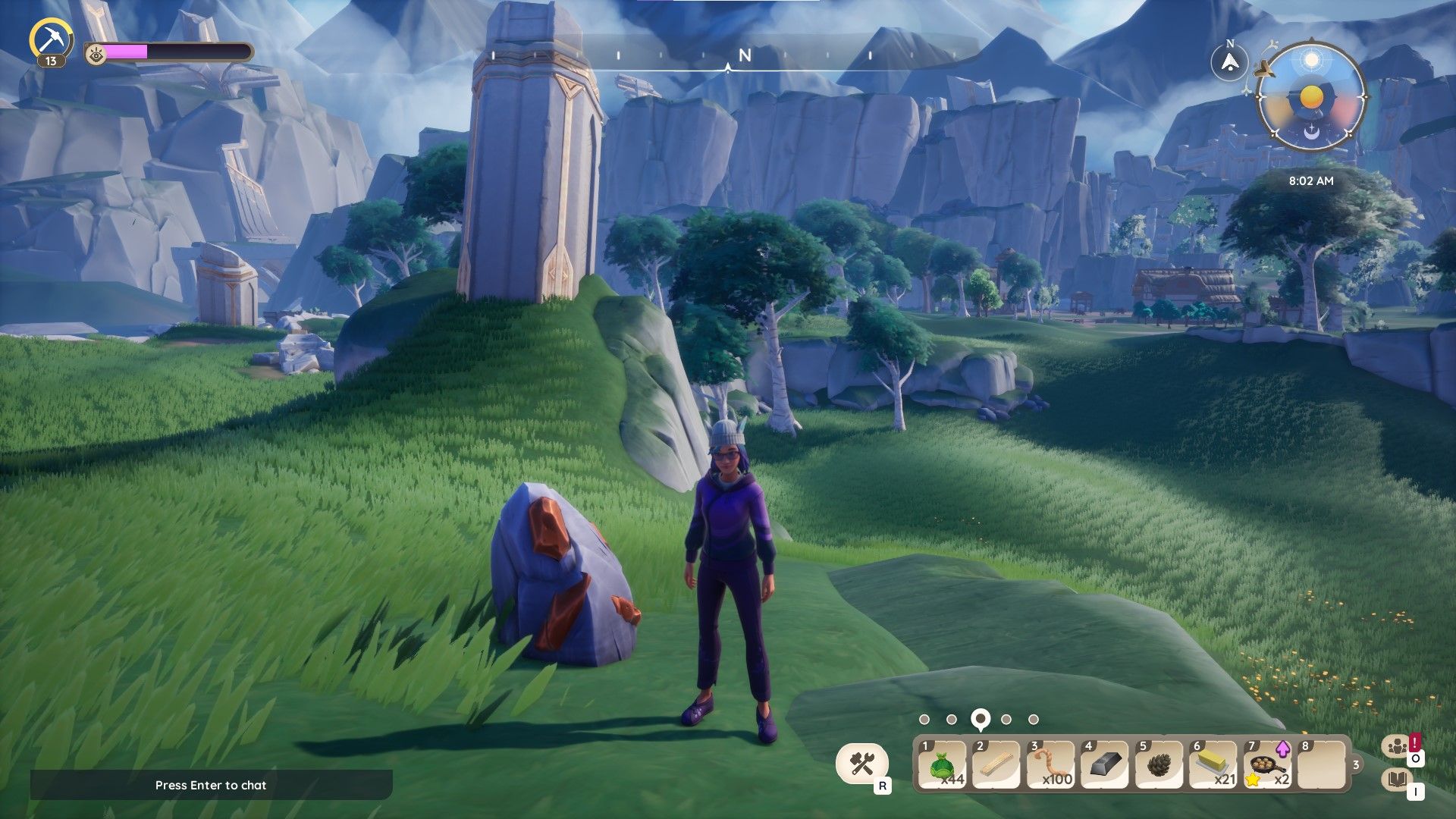 Palia avatar standing on a hillside next to a large copper ore node. Ruins and the Daiya family farm are visible in the background.