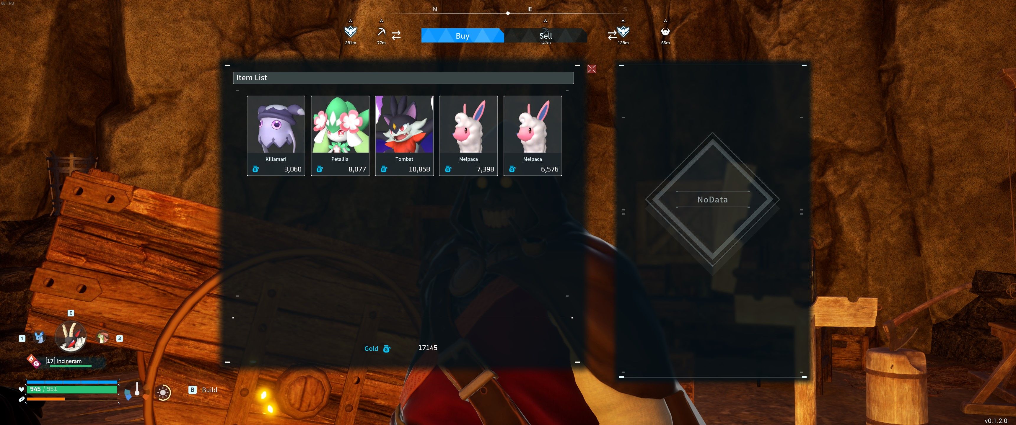 Palworld: An image of the Black Marketeer's shop inventory screen showing two Melpacas, a Flopie, a Tombat, and a Killamari