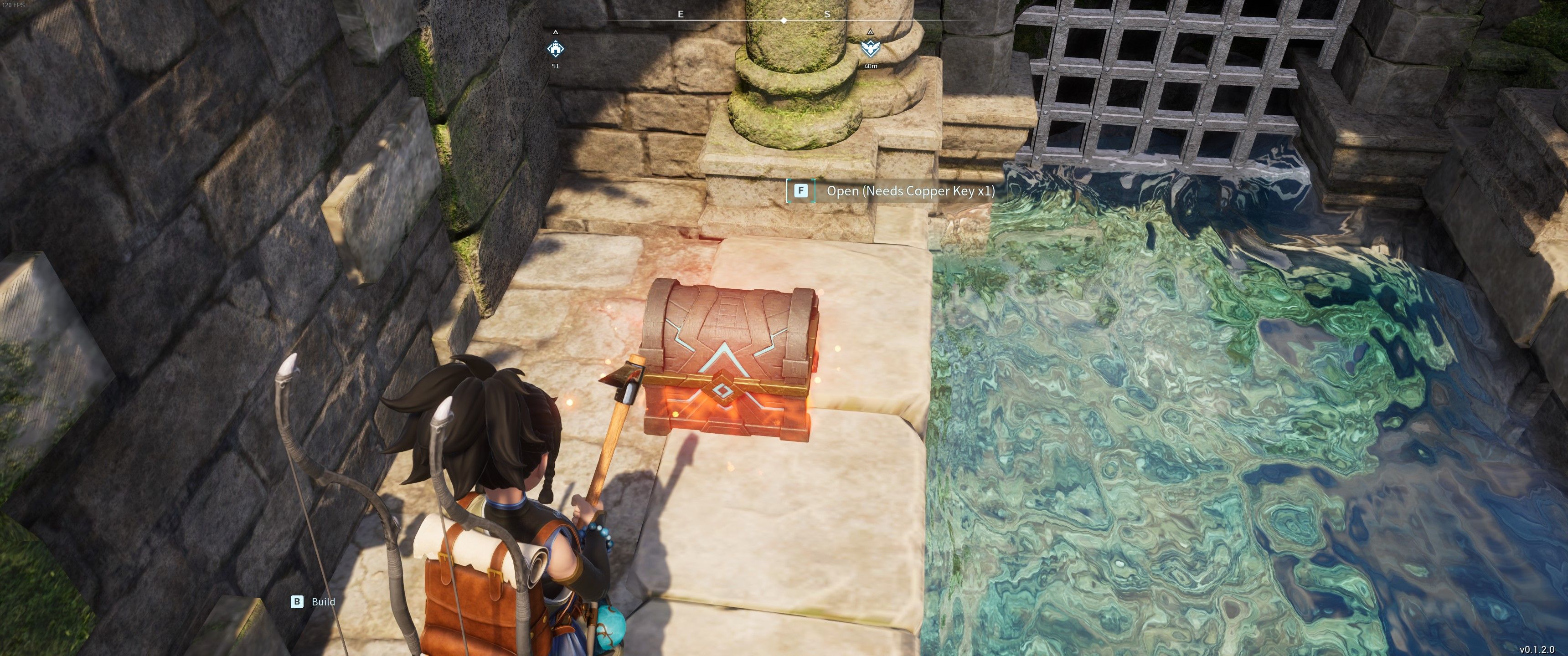 Palworld: The player stands in front of a chest which requires a copper key to open.