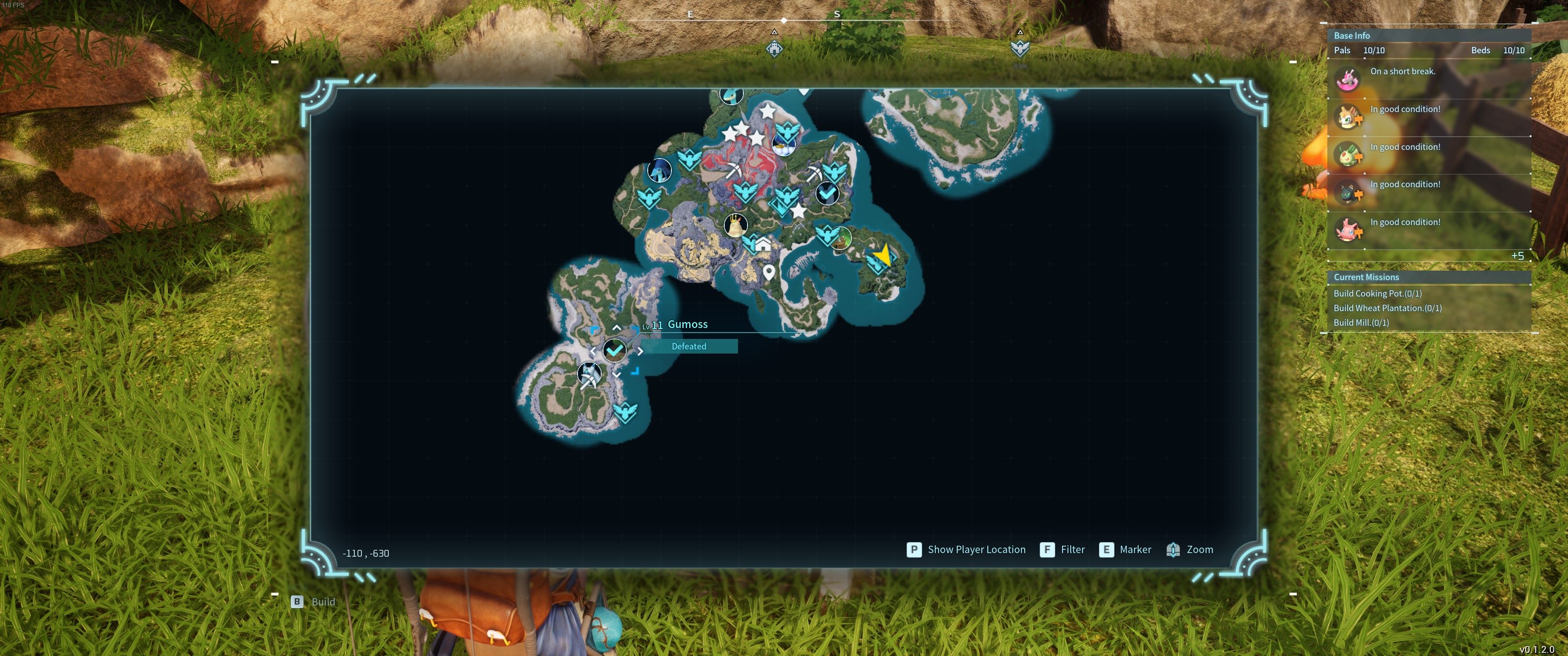 Palworld: A screenshot of the in-game map with the location of the Gumoss boss highlighted towards the bottom left