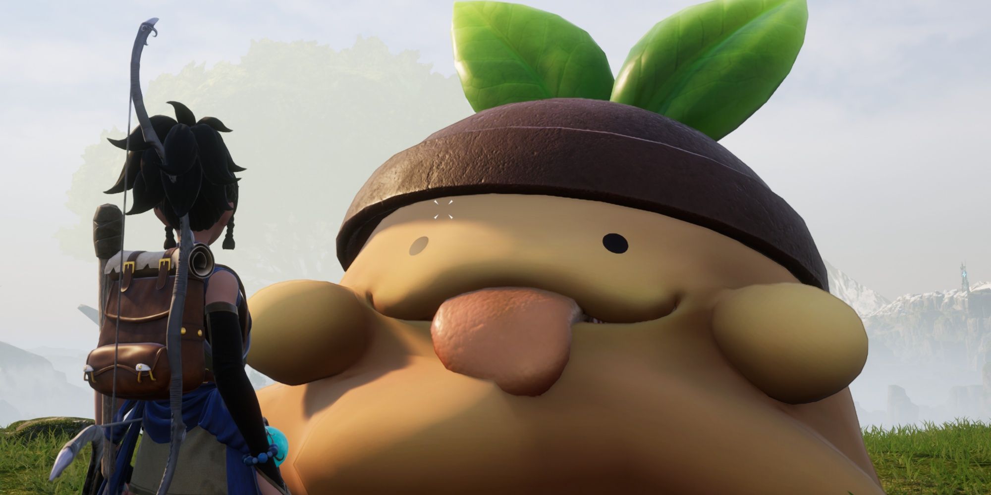 Palworld: The player stands in front of the captured Gumoss boss