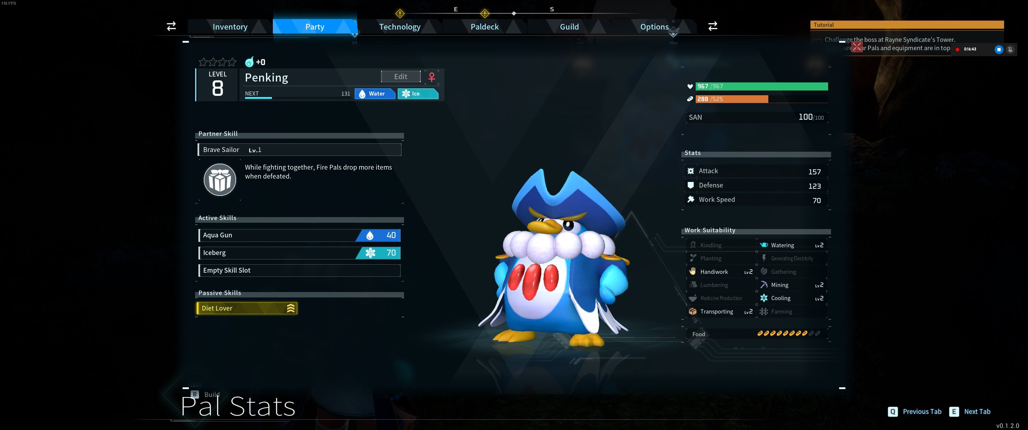 Palworld: An image of Penking's skill menu with the Passive Skill Diet Lover highlighted on the bottom left